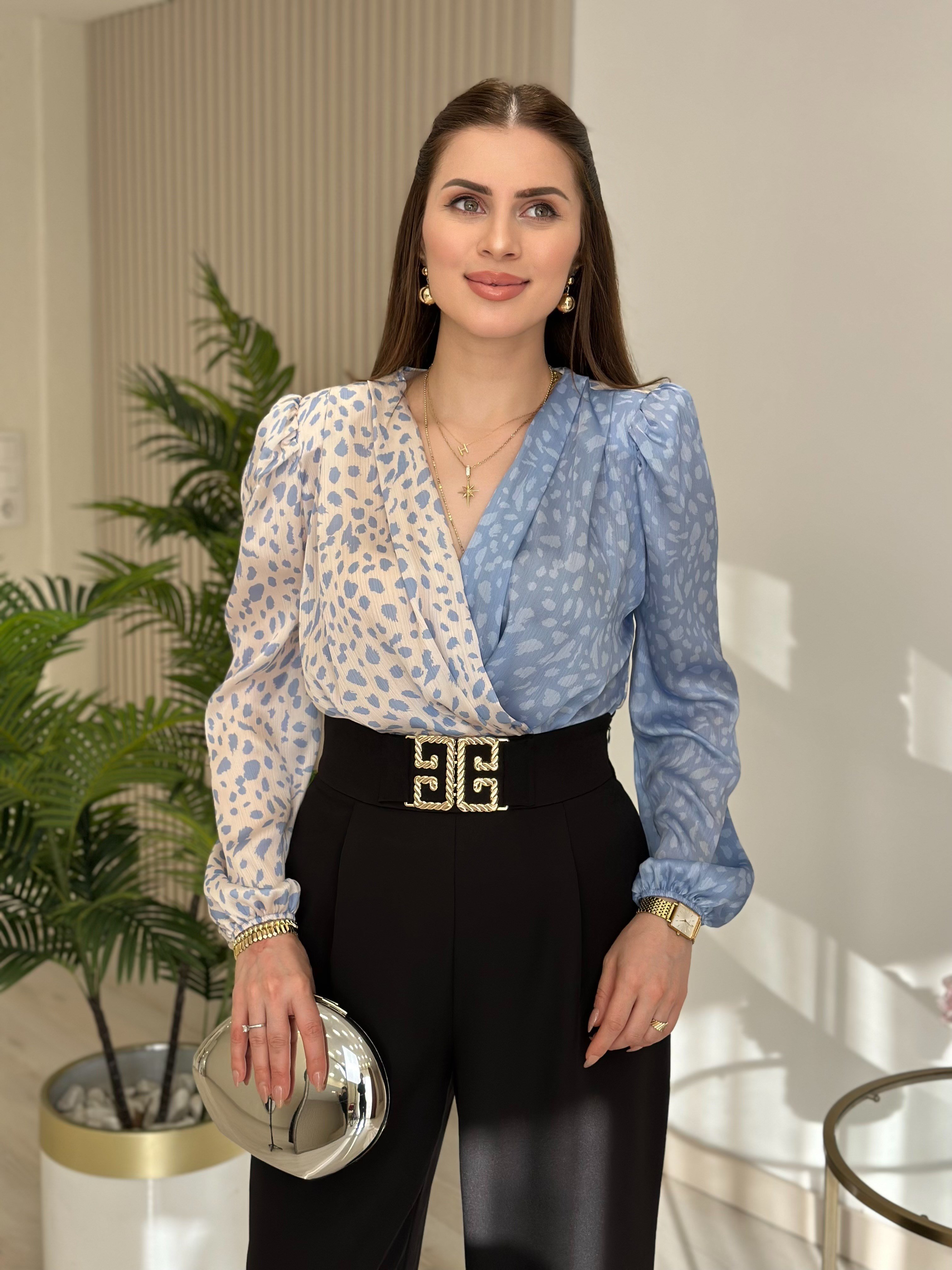 Mavi Leopar Desenli İpek Krep Bodysuit