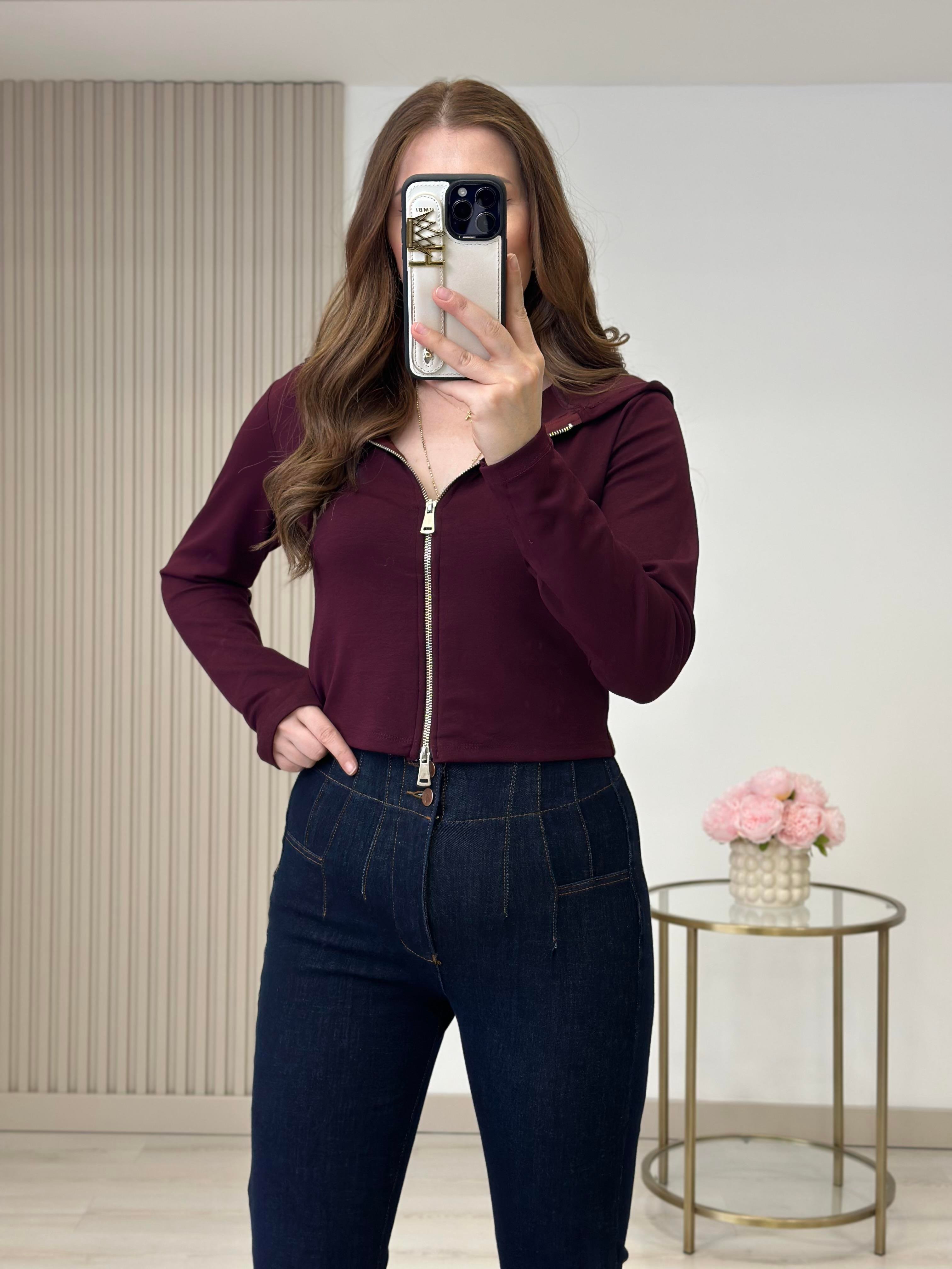 Modal Kumaş Kapşonlu Fermuarlı Bluz Bordo