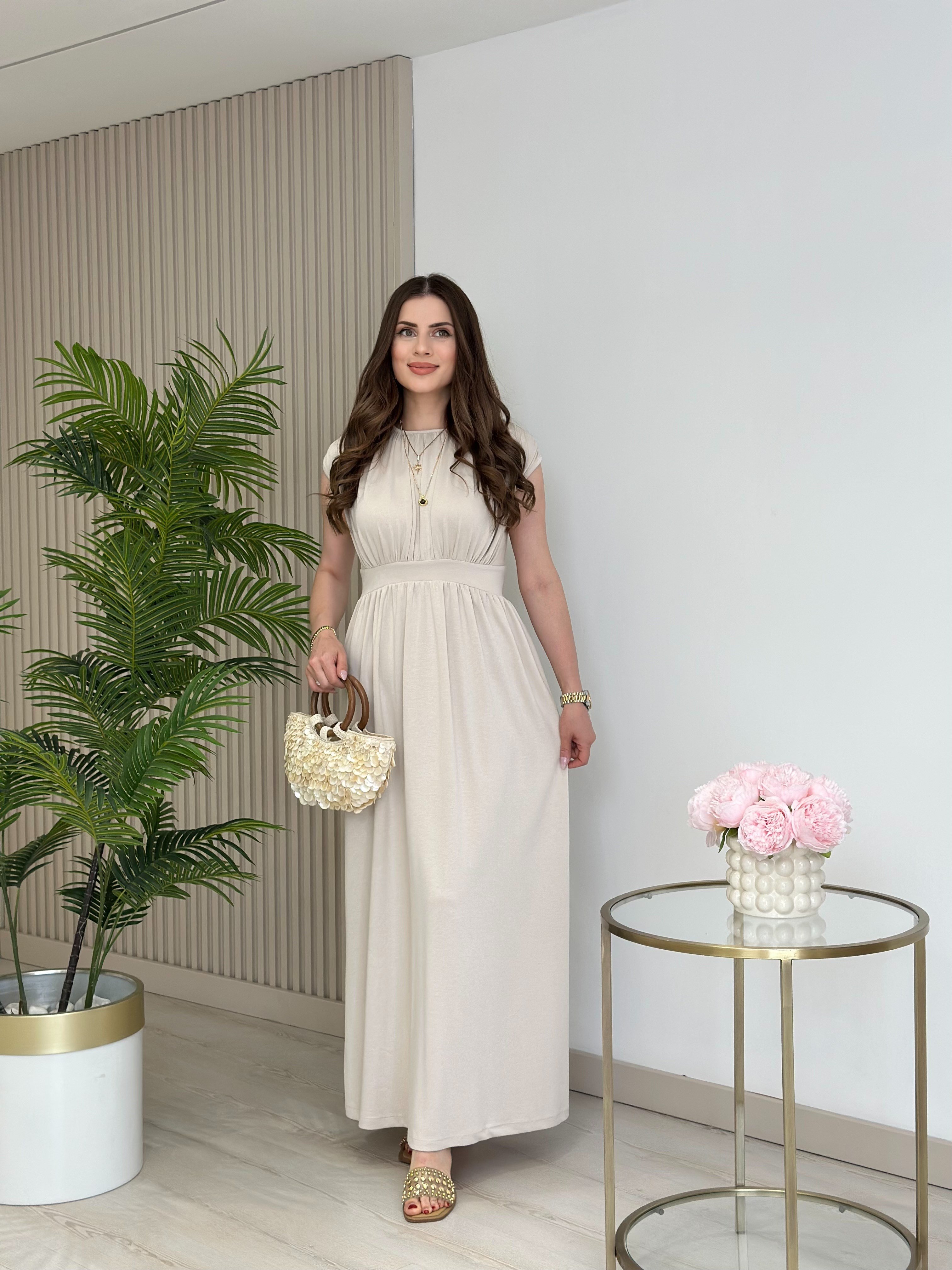 Modal Kumaş Likralı Drapeli Uzun Boy Elbise Bej