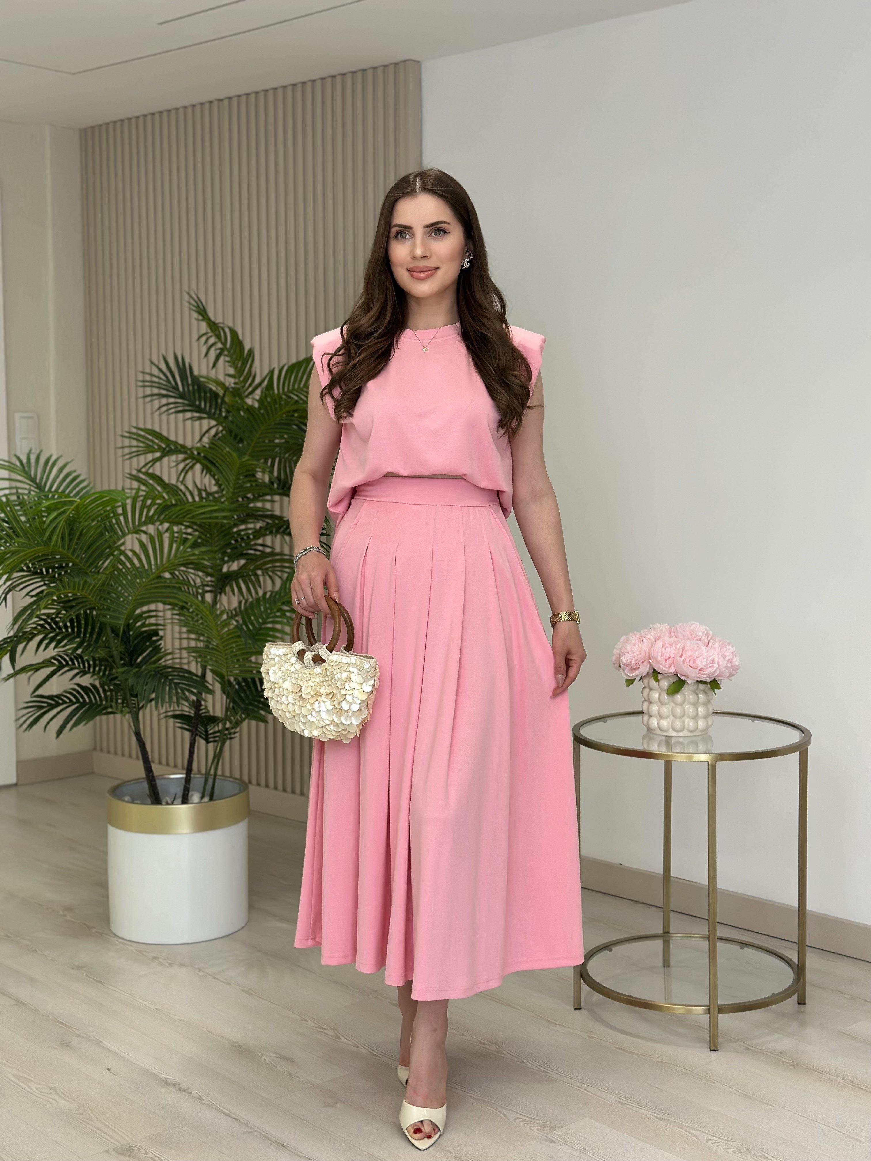 Modal Kumaş Vatkalı Tshirt Pileli Etek Takım Pembe