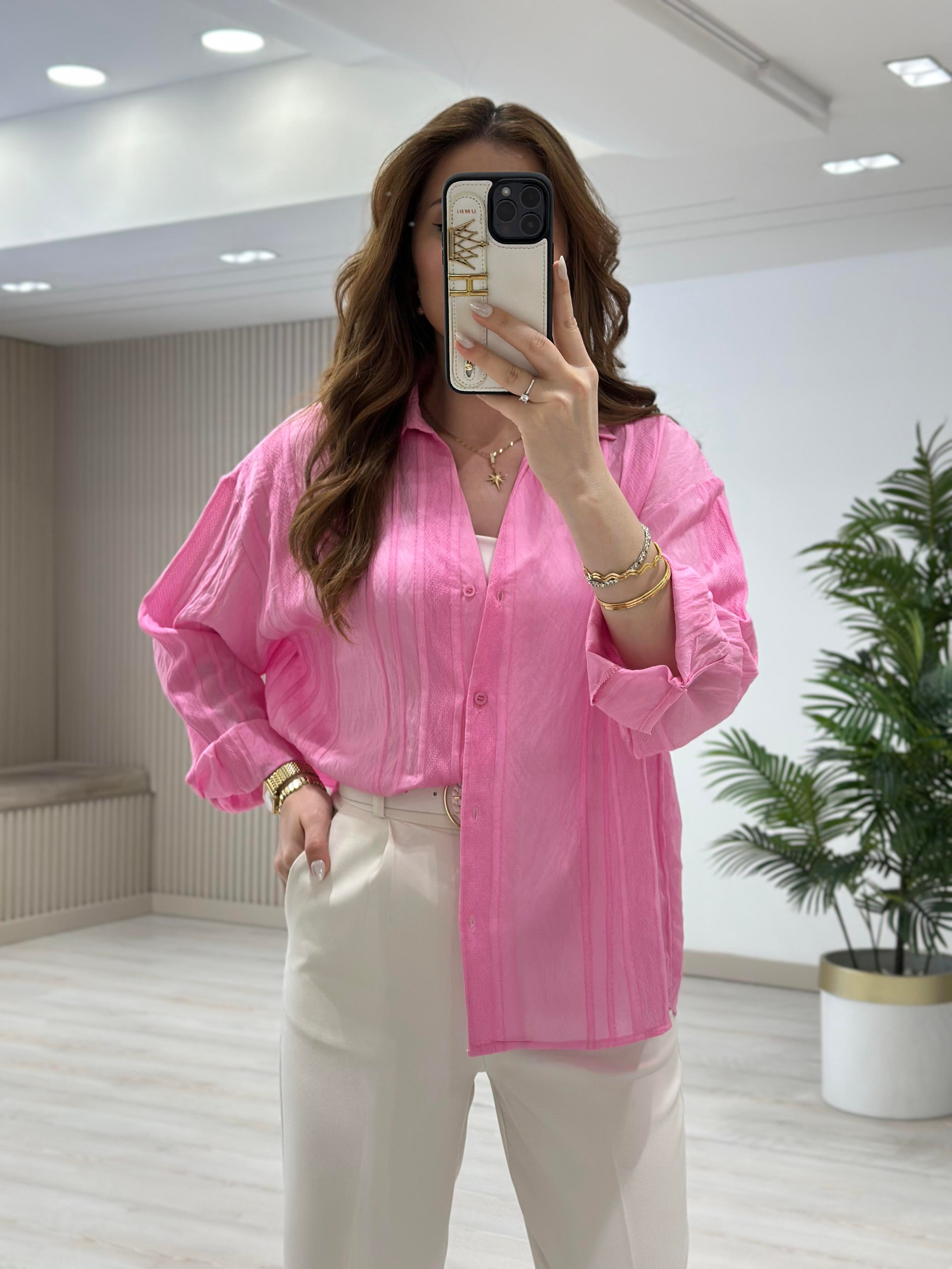 Nakışlı Tensel Kumaş Gömlek Pembe