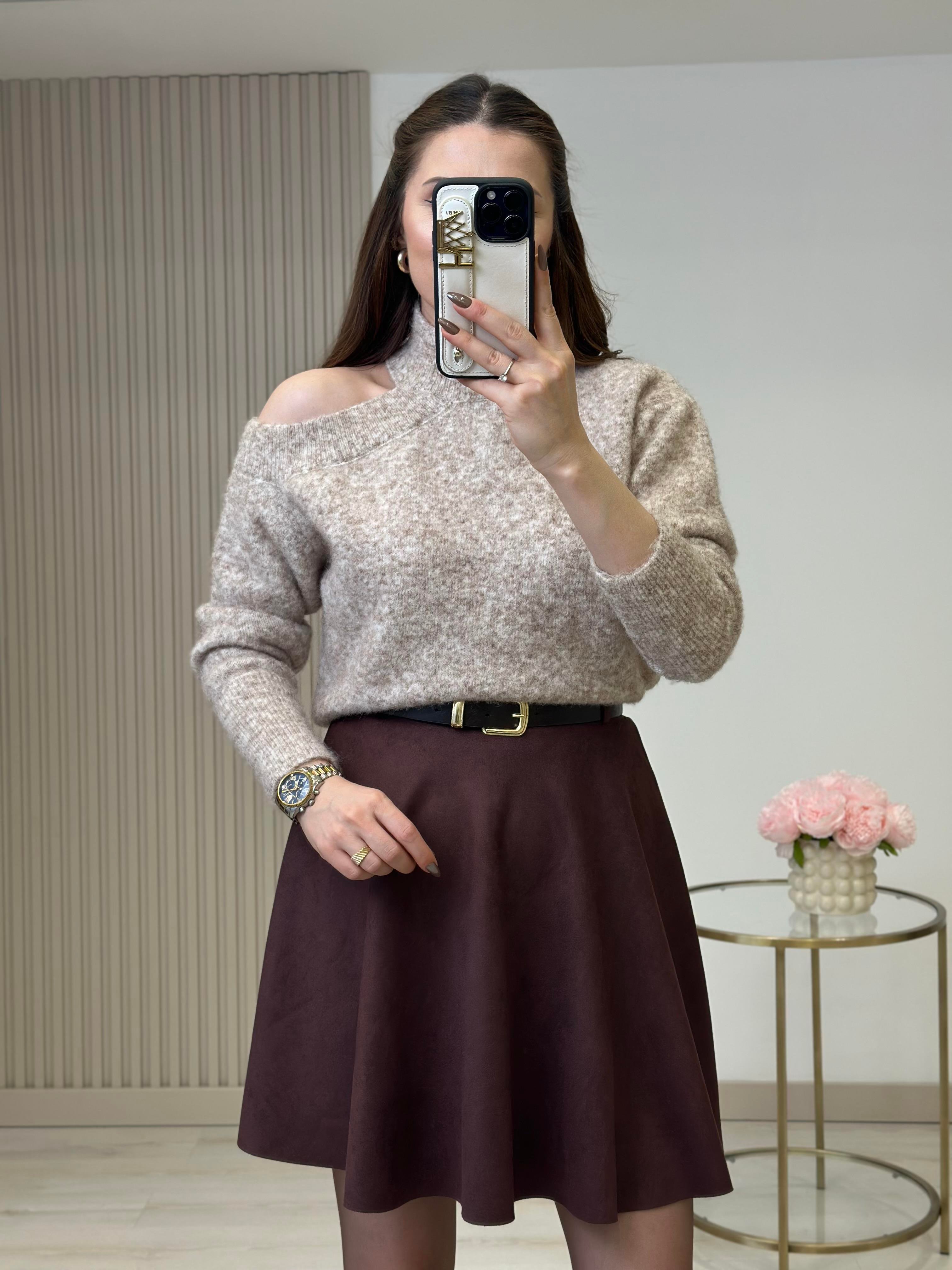 Omuz Dekolteli Premium Yumoş Kazak Camel