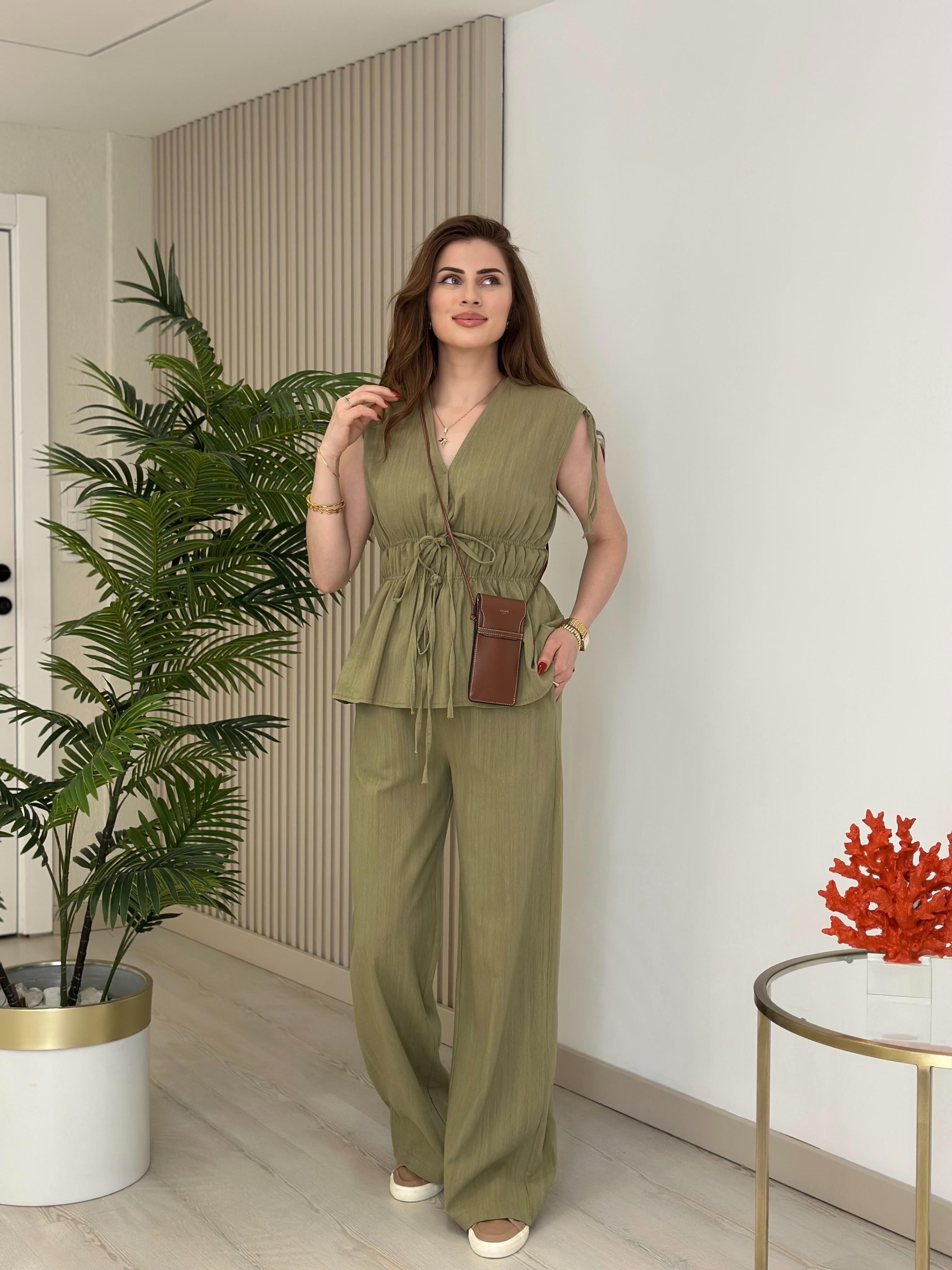 Omuzları Beli Bağlama Detaylı Keten Bluz Pantolon Takım Yeşil