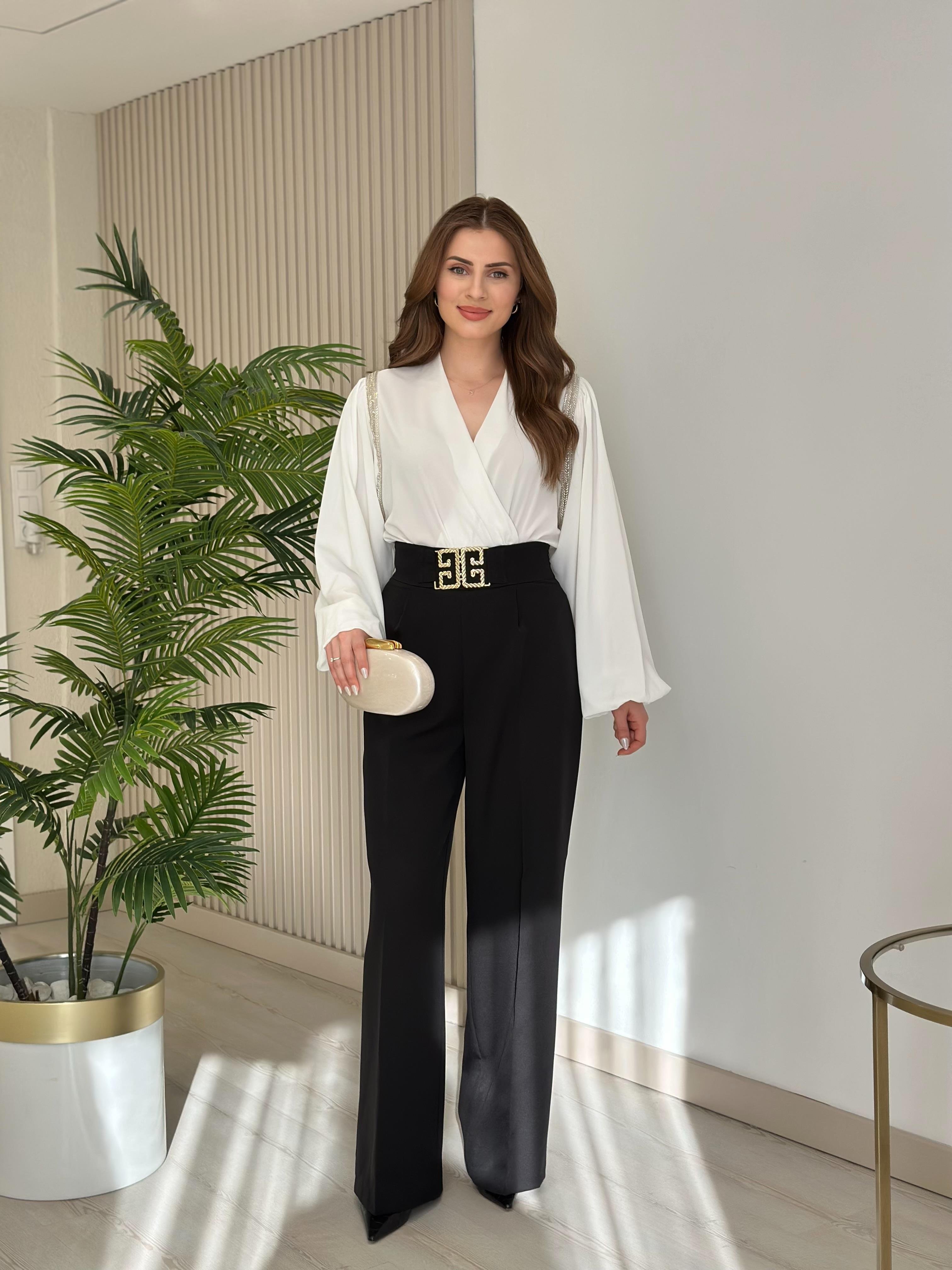 Omuzları Boncuk İşlemeli Premium Bodysuit Beyaz