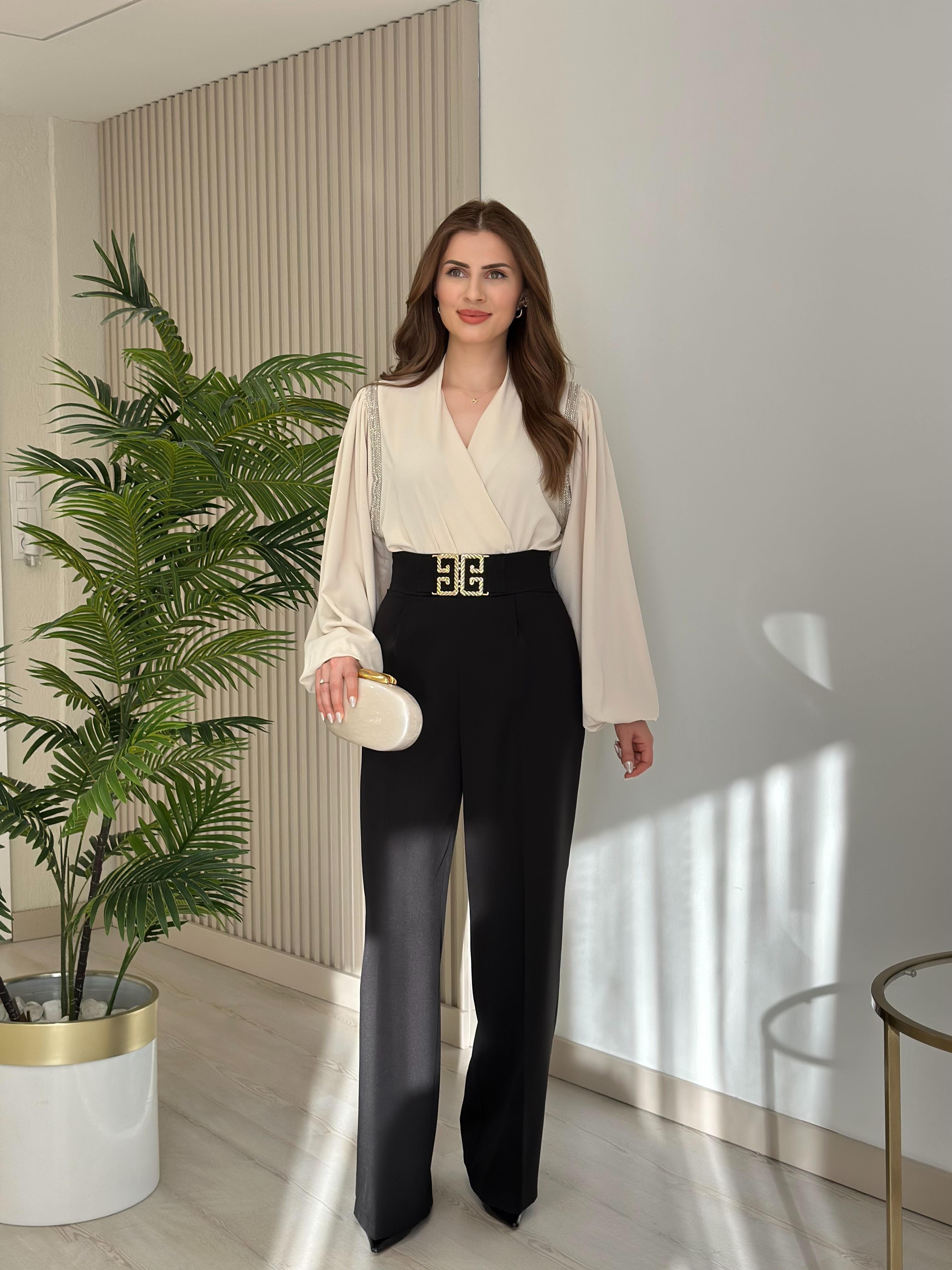Omuzları Boncuk İşlemeli Premium Bodysuit Bej