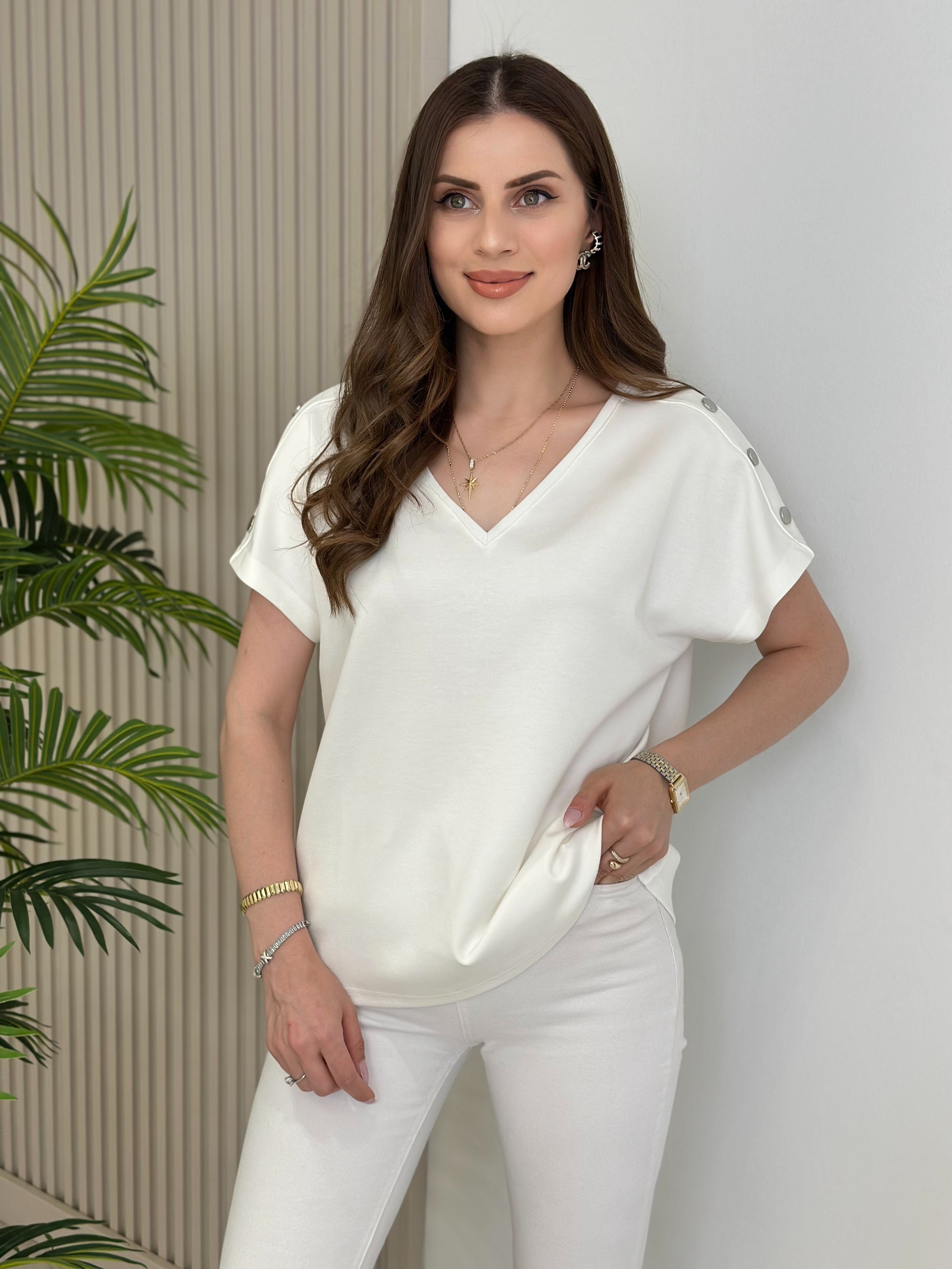 Omuzları Çıtçıt Detaylı V Yaka Modal Kumaş Tshirt Beyaz