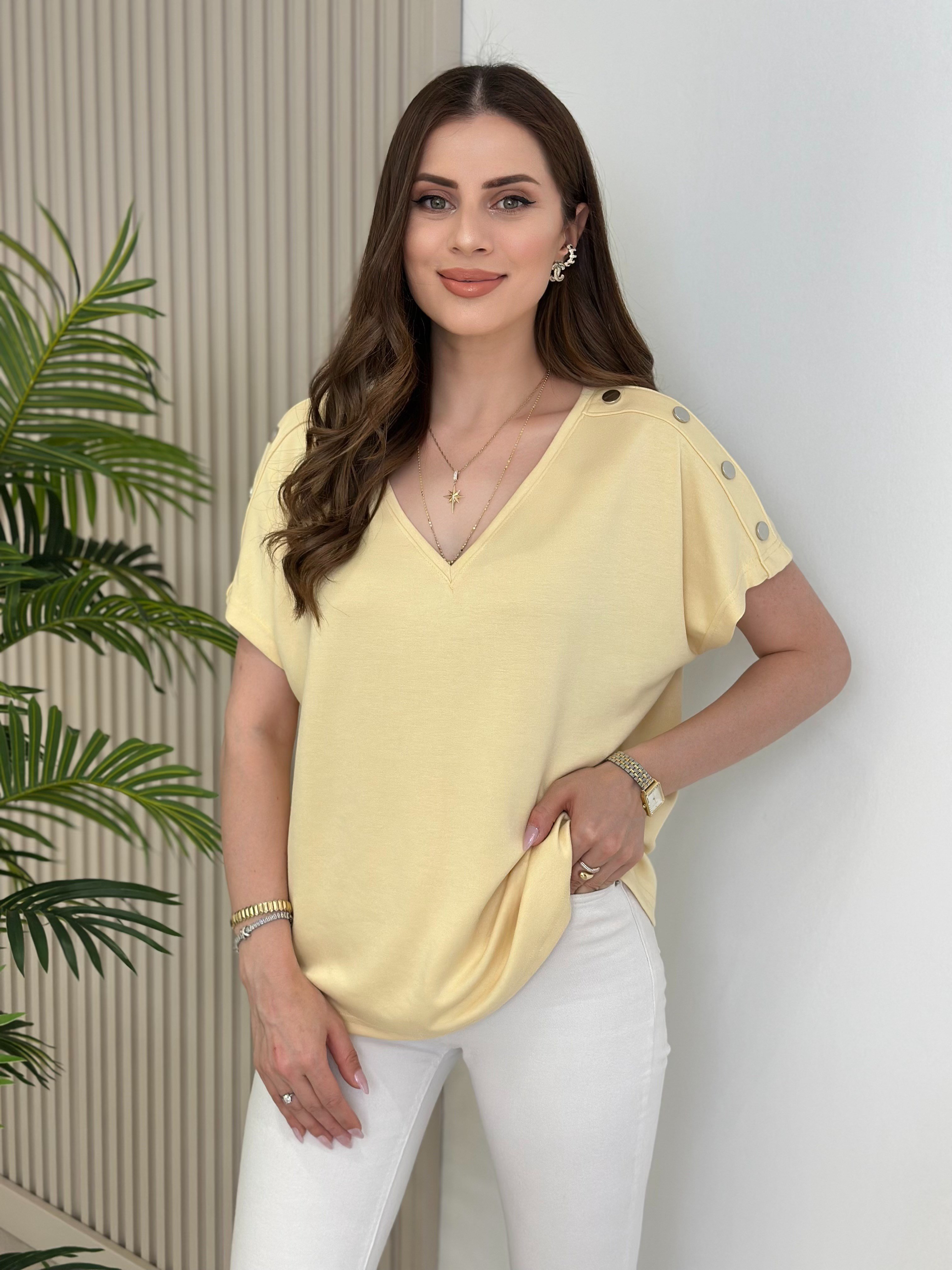 Omuzları Çıtçıt Detaylı V Yaka Modal Kumaş Tshirt Sarı