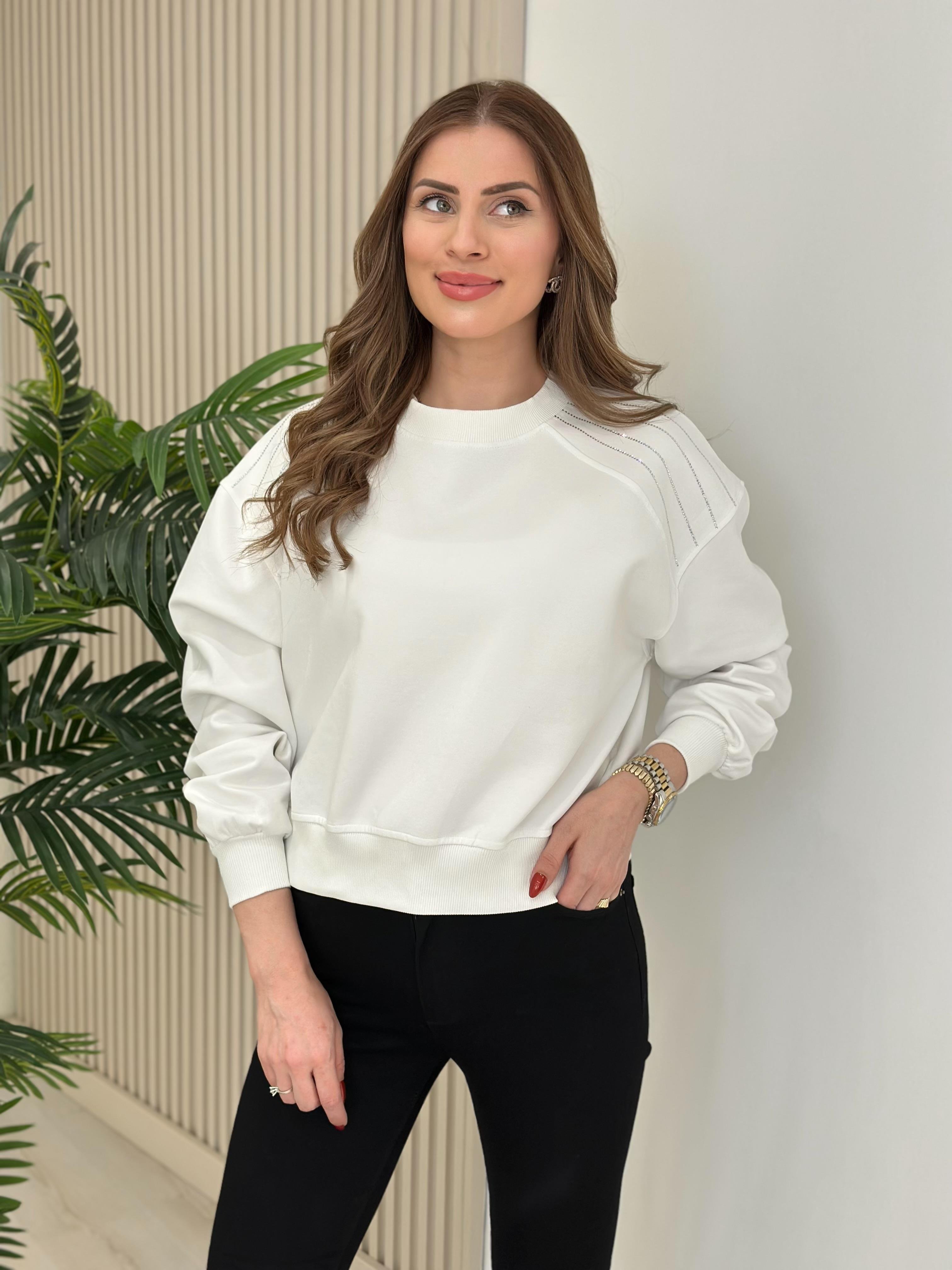 Omuzları Taşlı Sıfır Yaka Sweat Beyaz