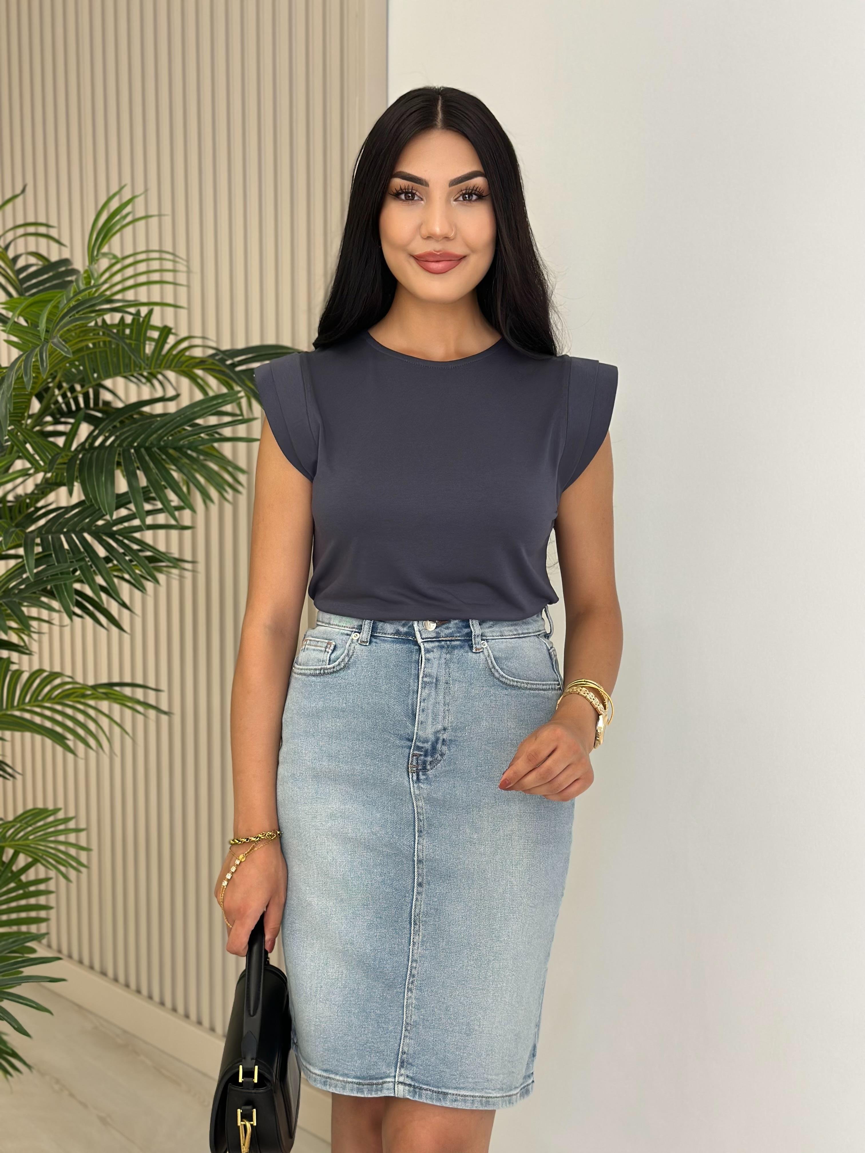 Omuzları Vatkalı Modal Kumaş Tshirt Antrasit