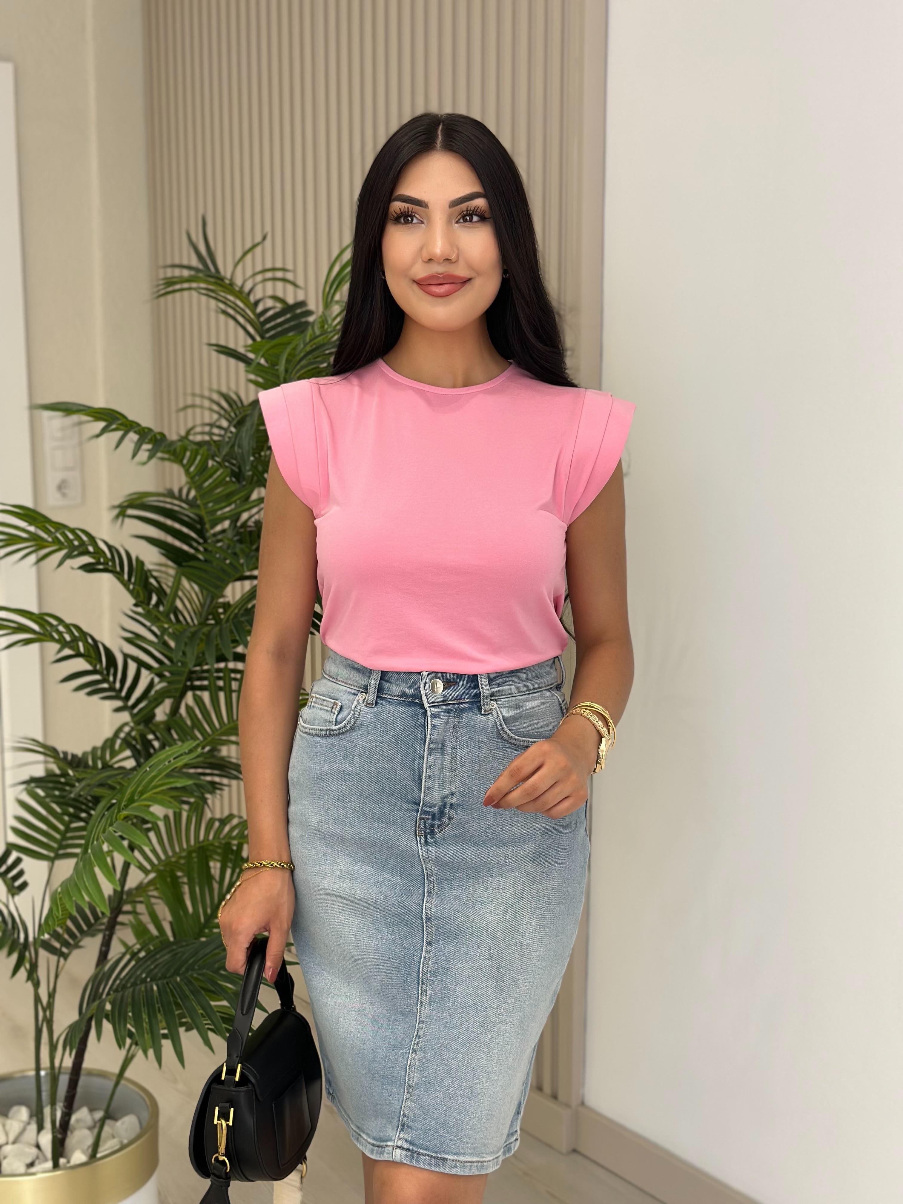 Omuzları Vatkalı Modal Kumaş Tshirt Pembe