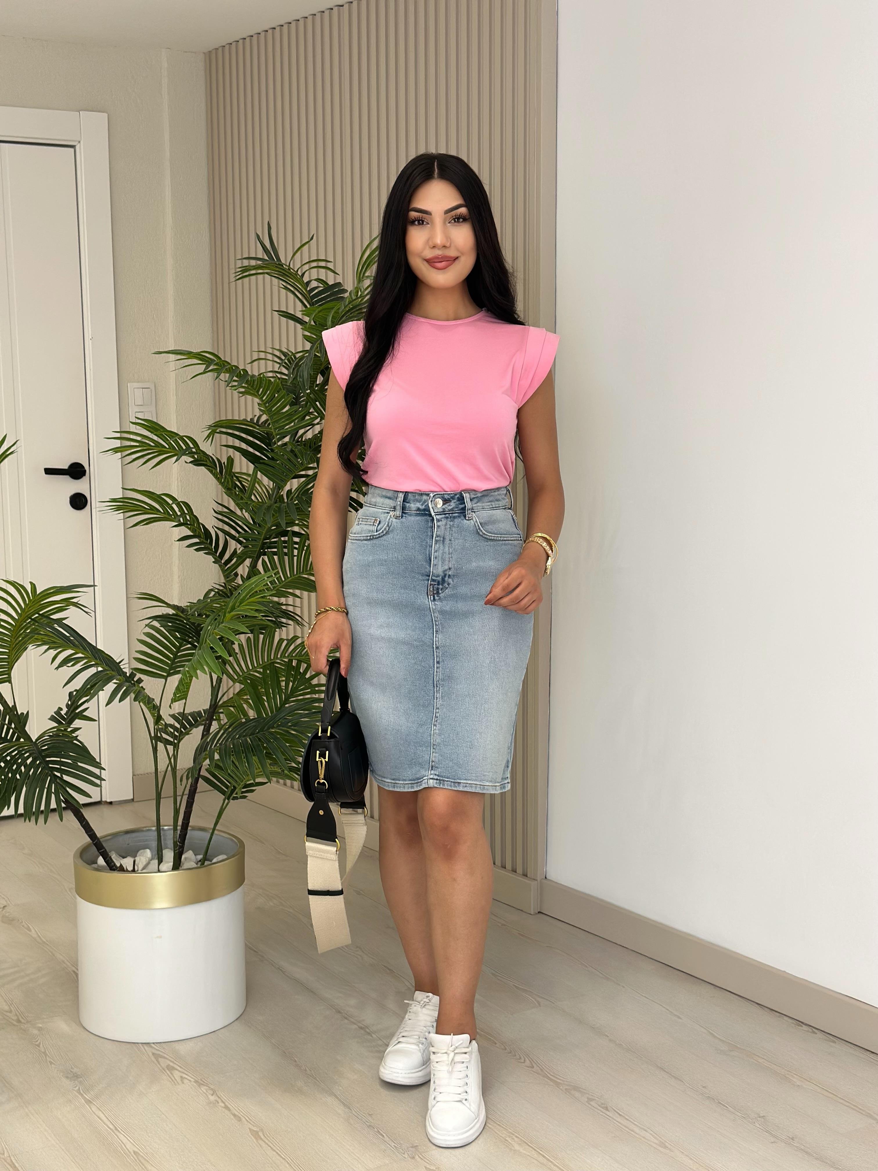 Omuzları Vatkalı Modal Kumaş Tshirt Pembe