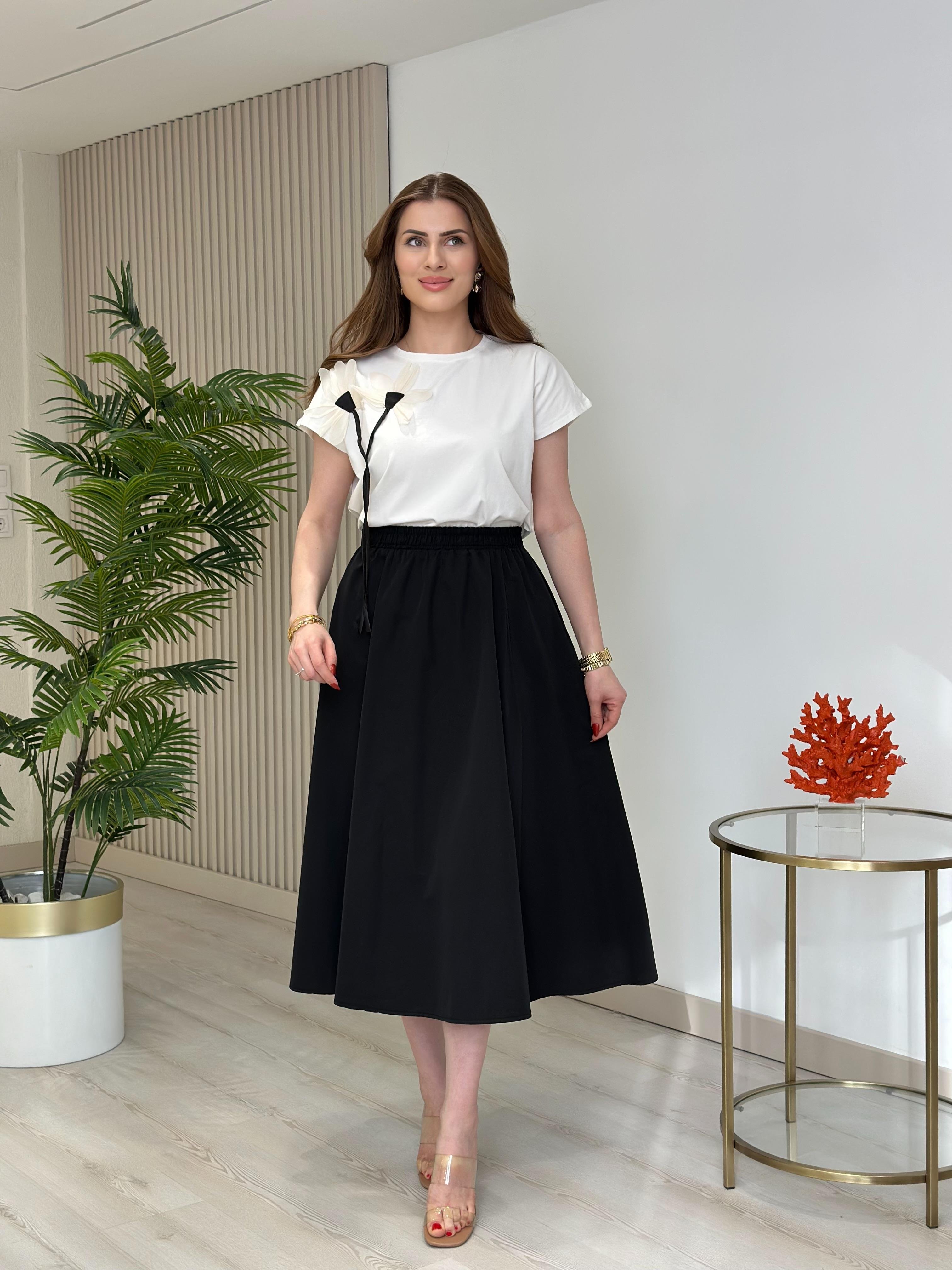 Omzu Organze Tül Çiçek Tshirt Beyaz