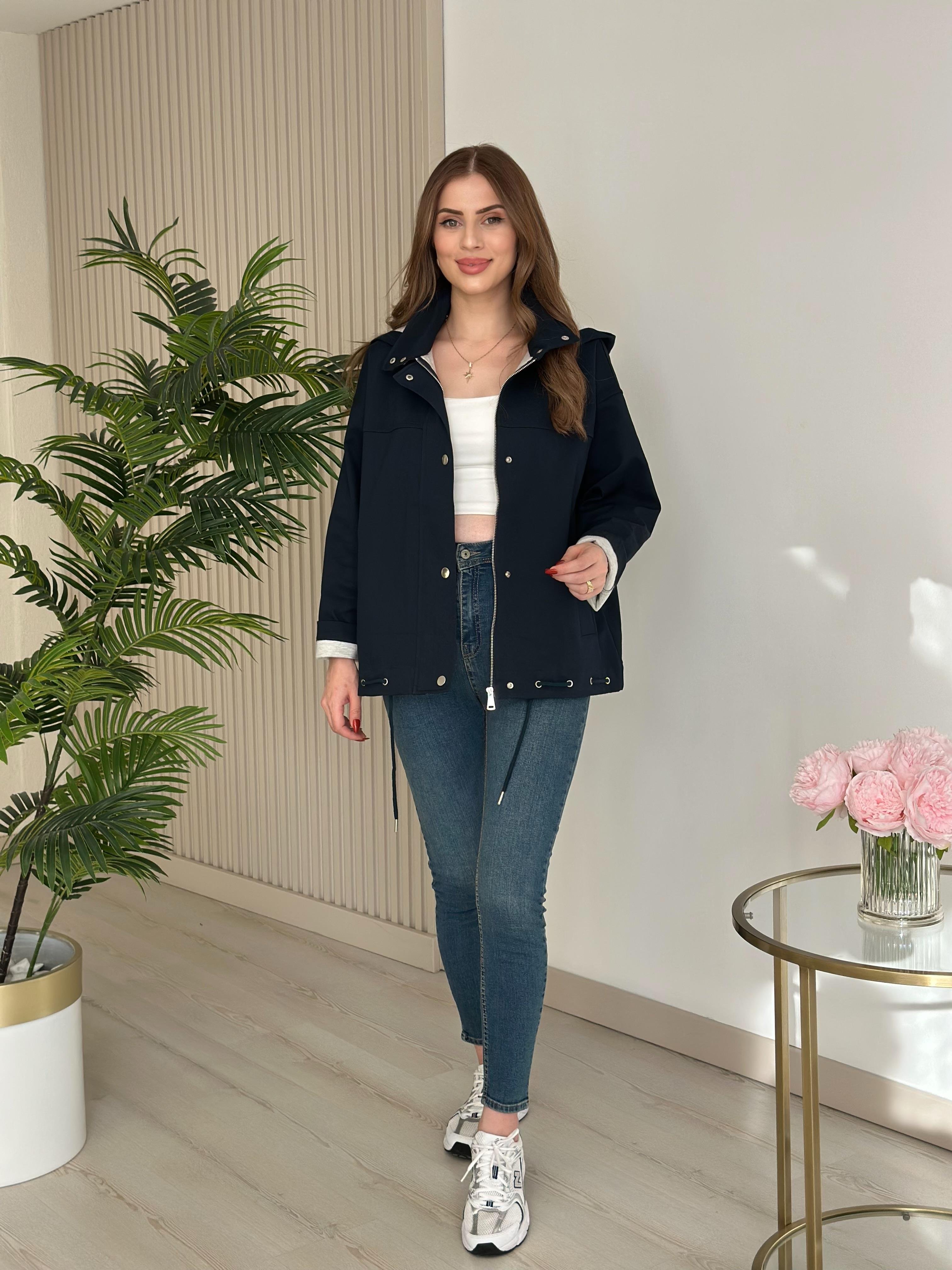 Orj. Marka İçi Penye Kapamalı Kapşonlu Mont Lacivert 