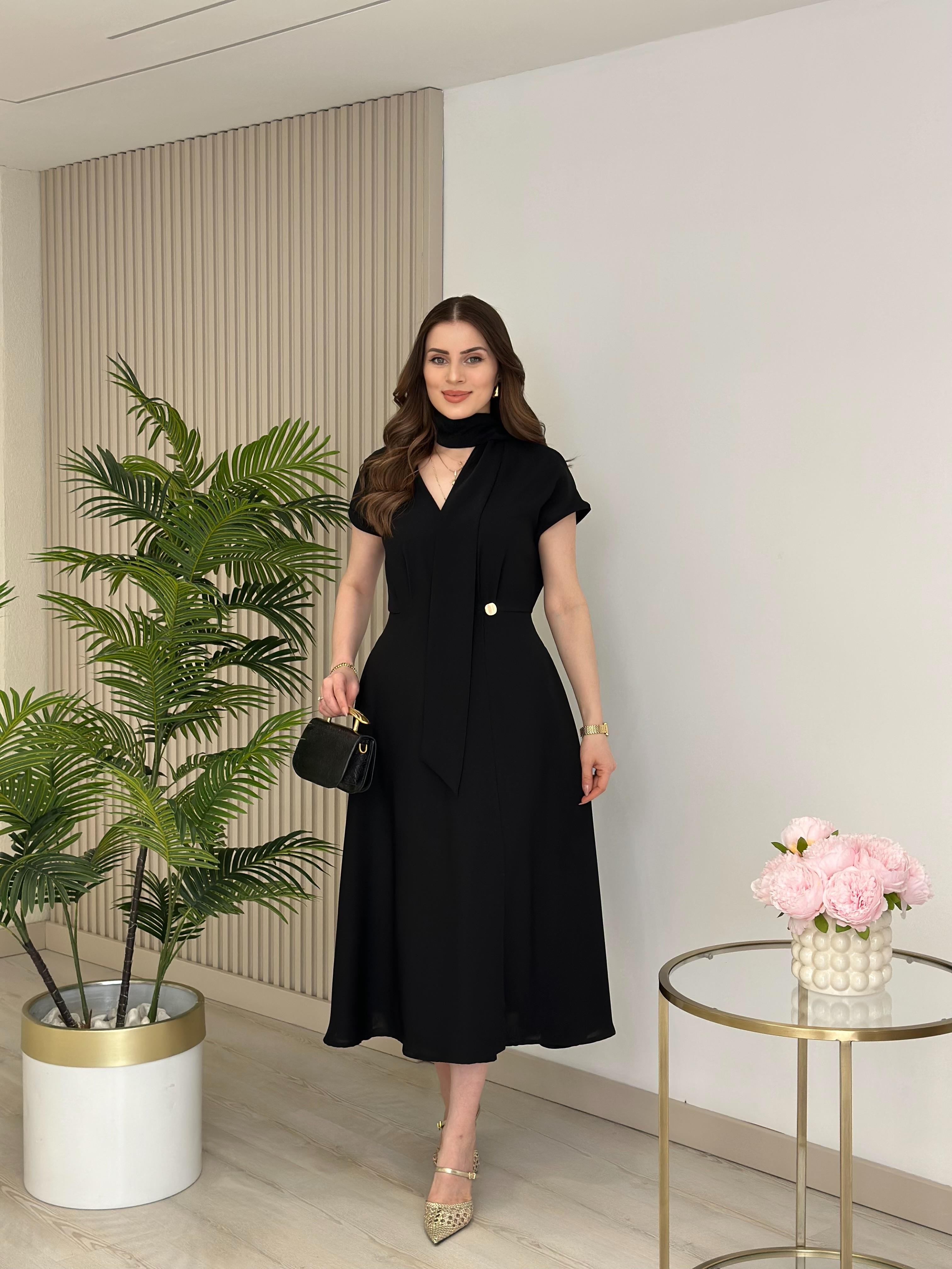 Orj. Marka Beli Gold Düğmeli Fularlı Kruvaze Elbise Siyah