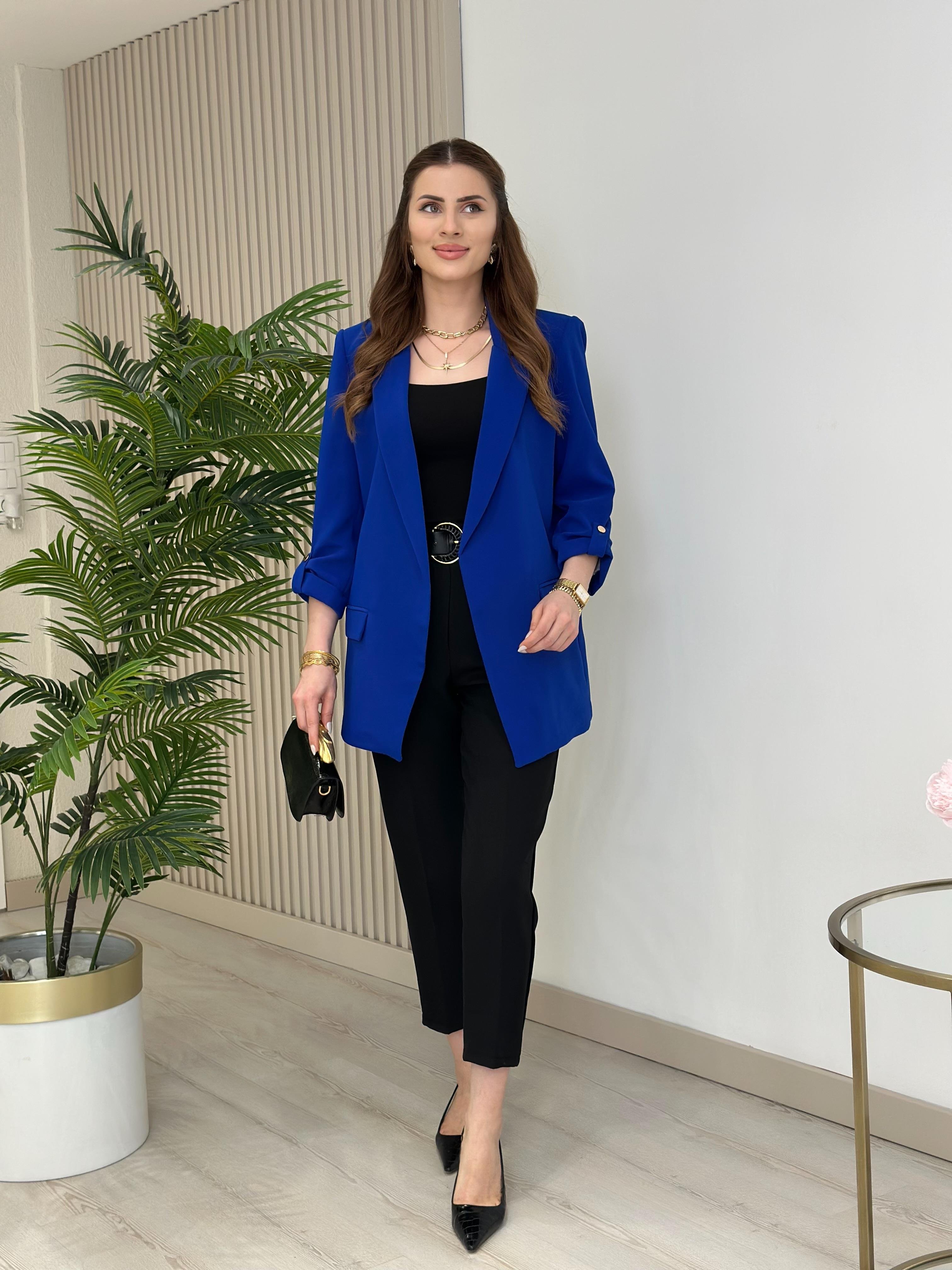 Orj. Marka Kolları Gold Düğmeli Blazer Ceket Saks Mavi