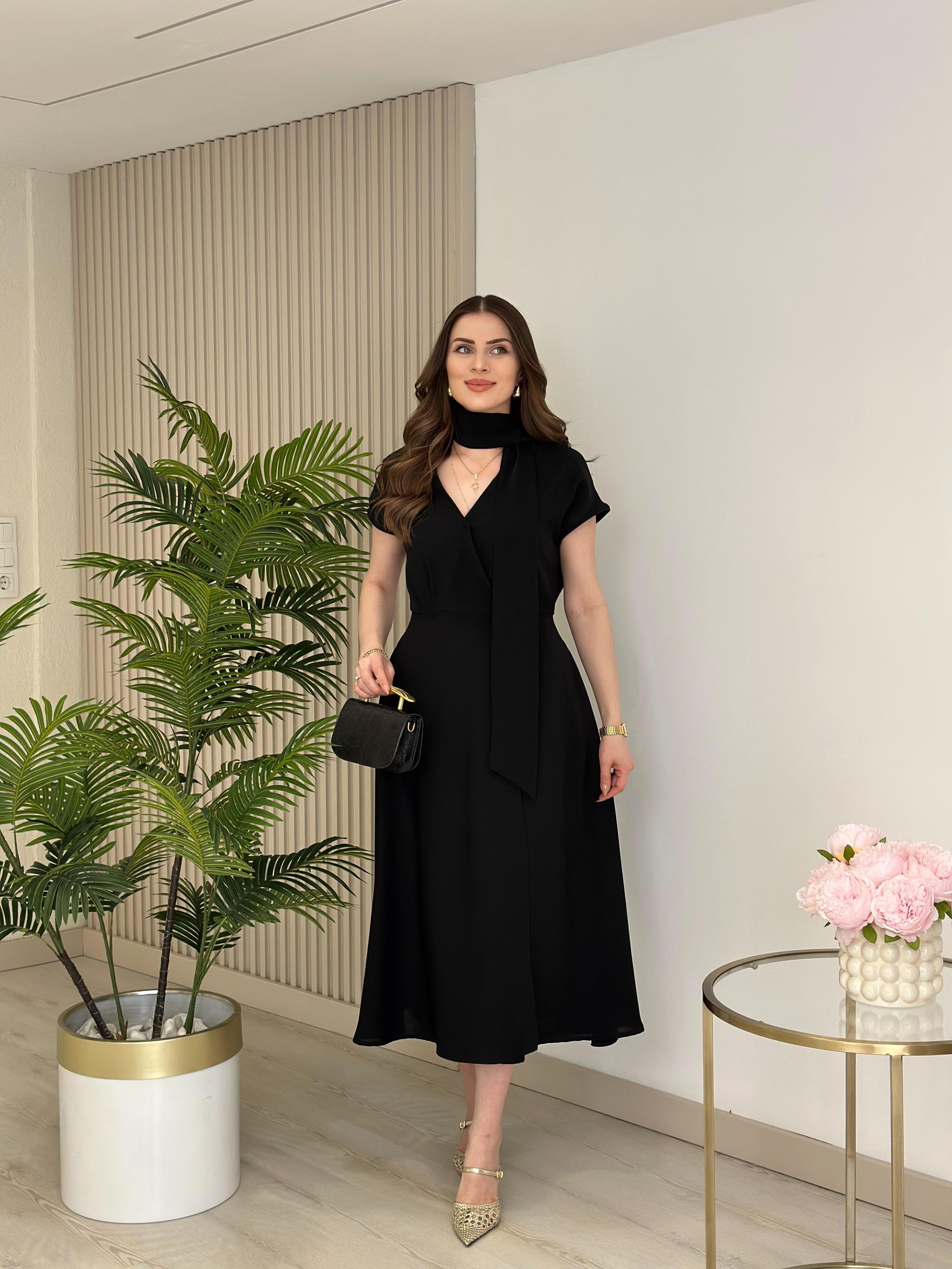 Orj. Marka Beli Gold Düğmeli Fularlı Kruvaze Elbise Siyah