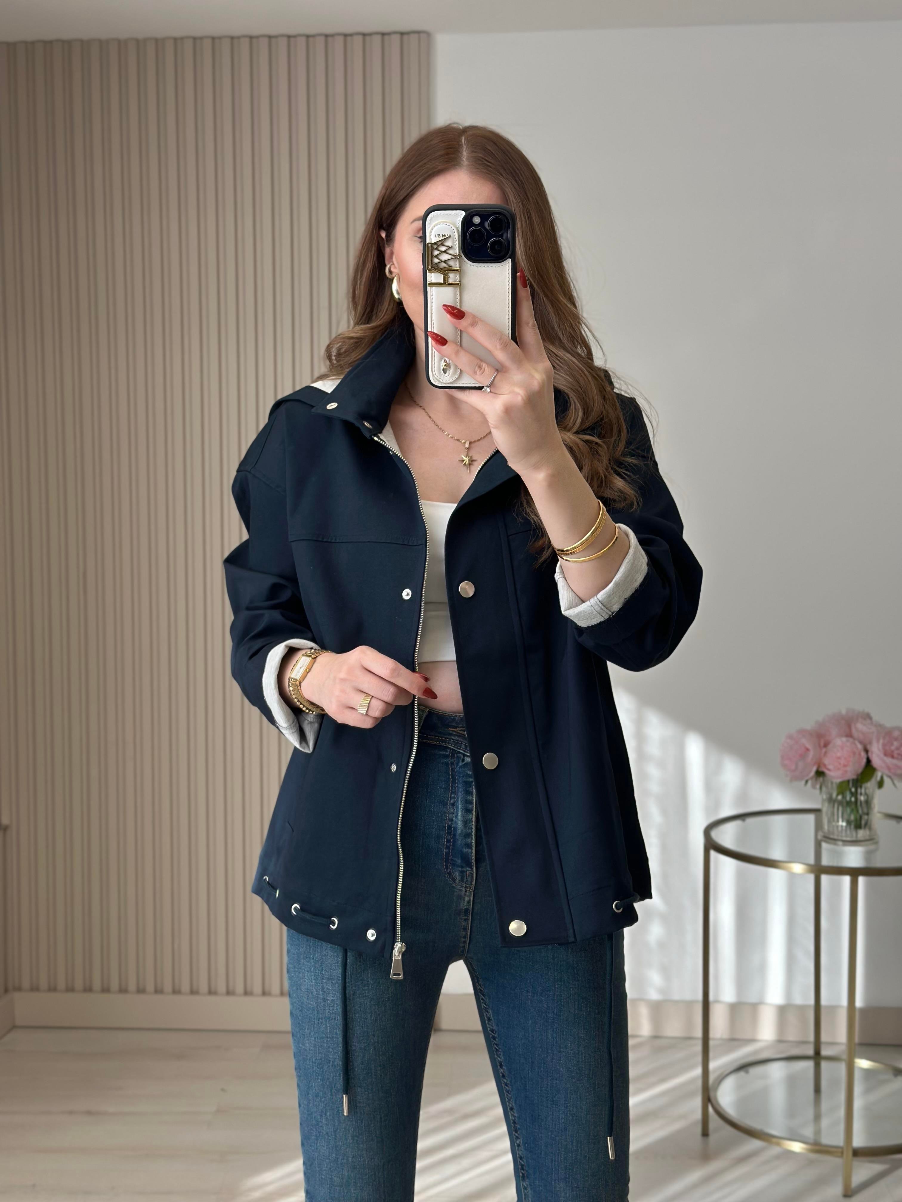 Orj. Marka İçi Penye Kapamalı Kapşonlu Mont Lacivert 