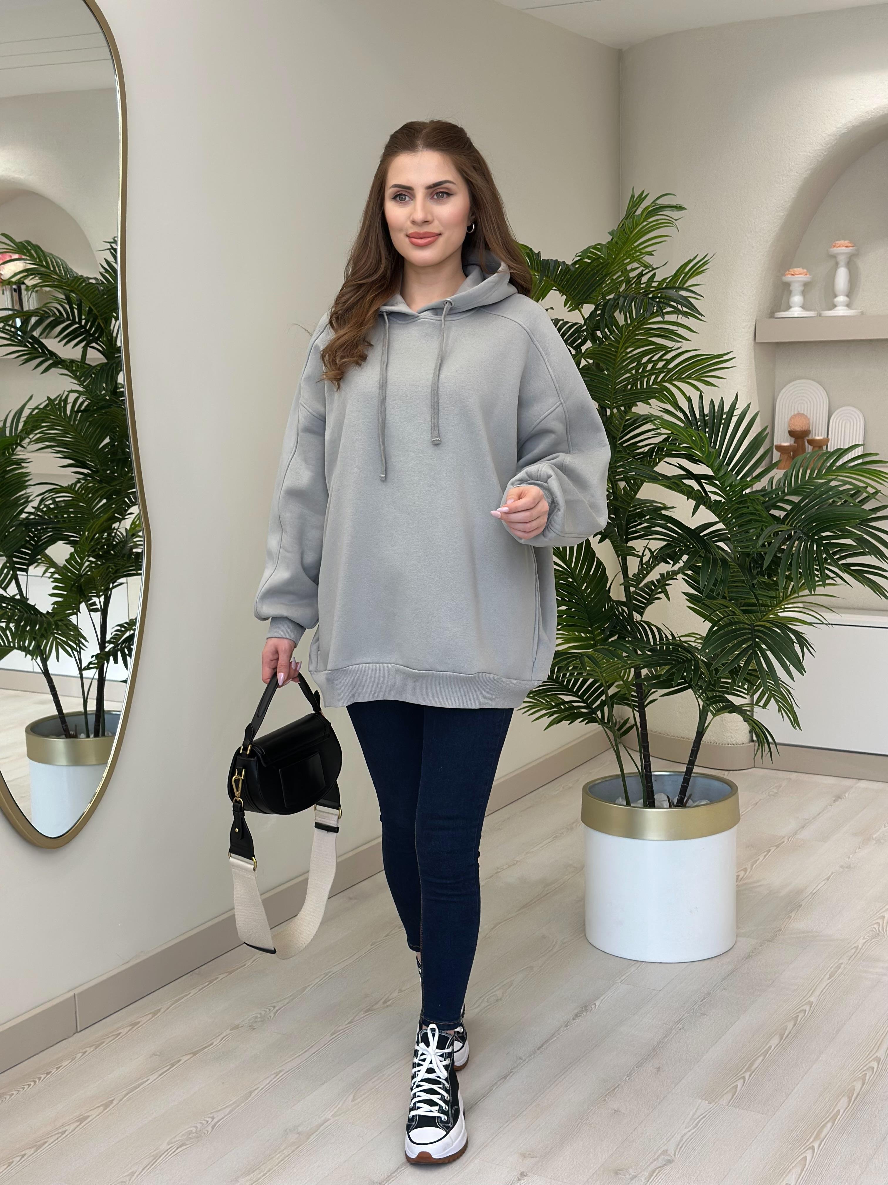 Oversıze Kapşonlu Sweatshirt Gri