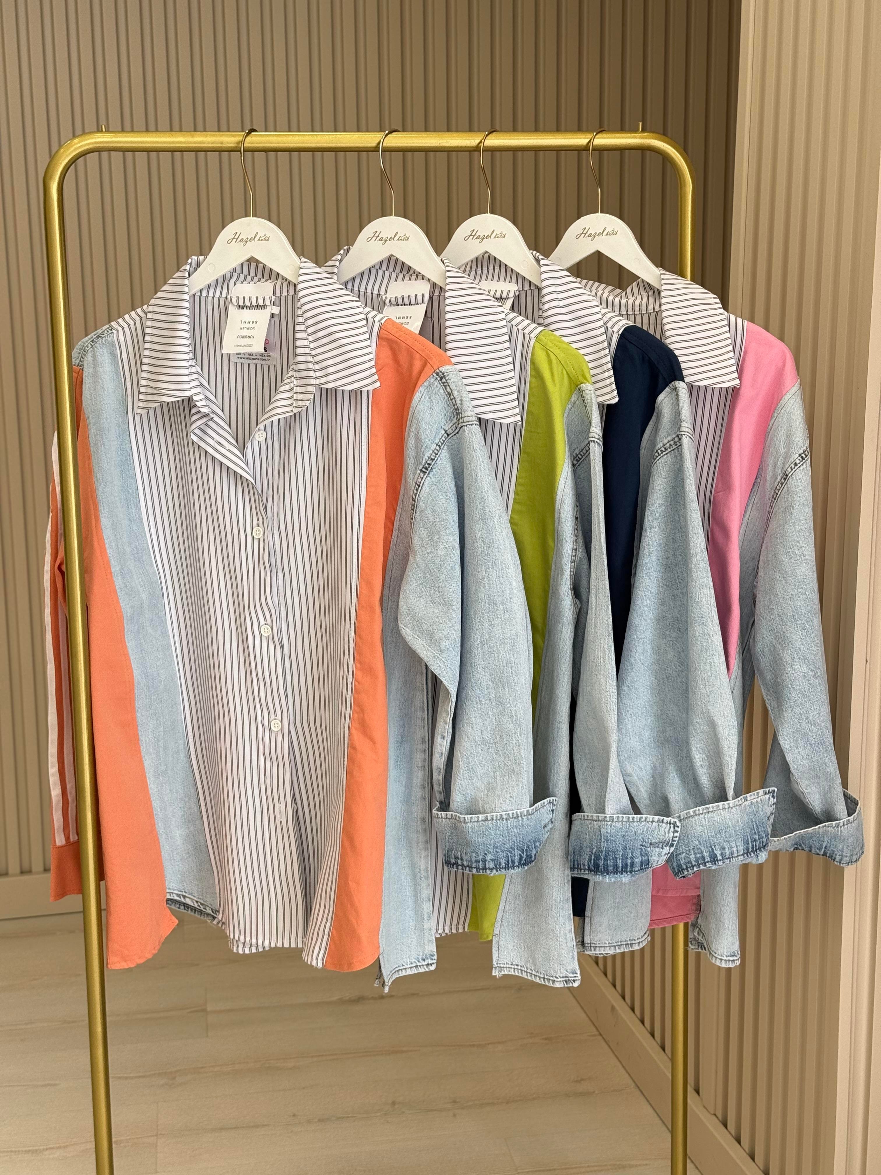 Pembe Geçişli Jean Detaylı Tasarım Gömlek