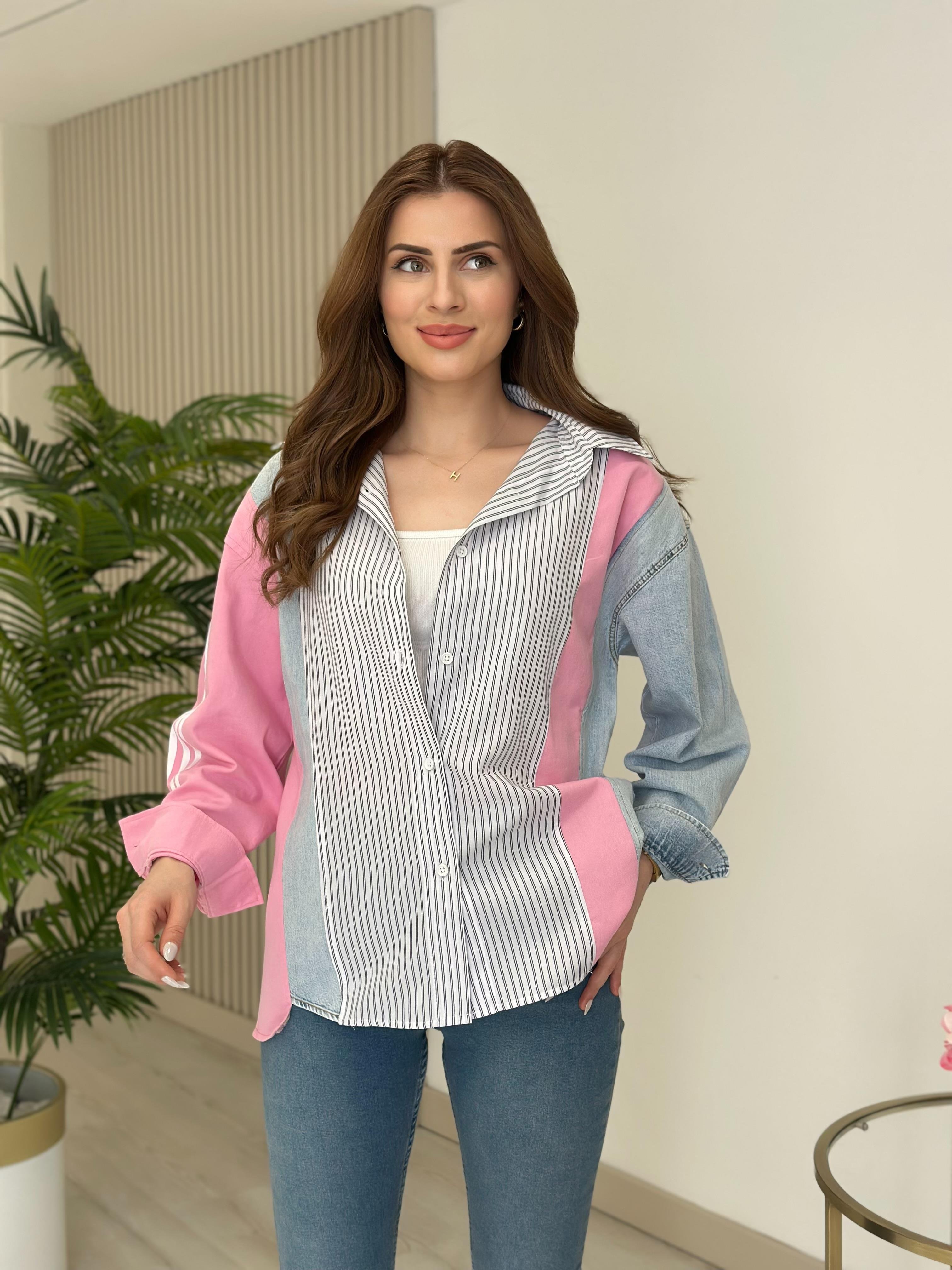 Pembe Geçişli Jean Detaylı Tasarım Gömlek