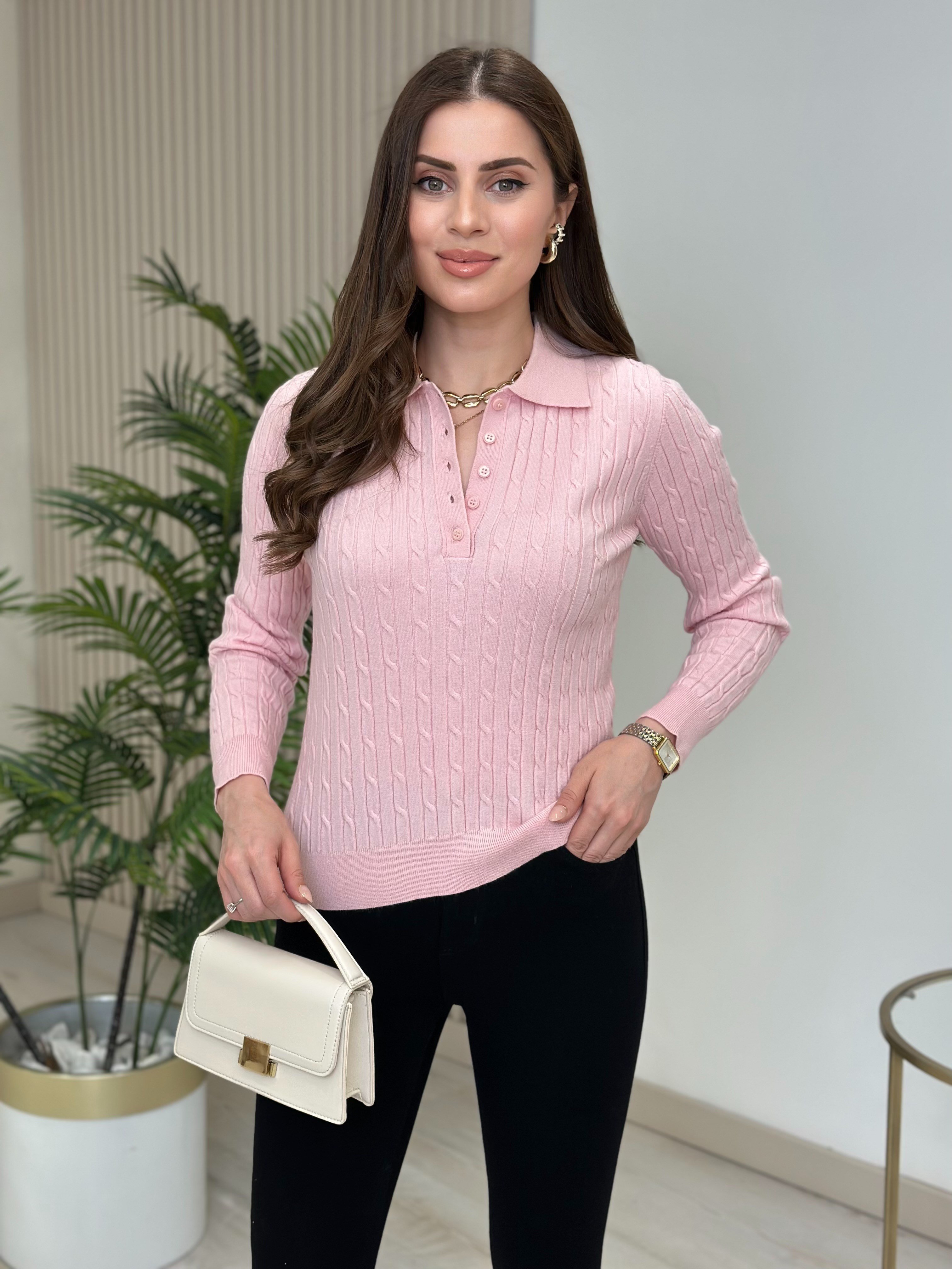 Polo Yaka Burgulu Kaşmir Dokulu Triko Pembe