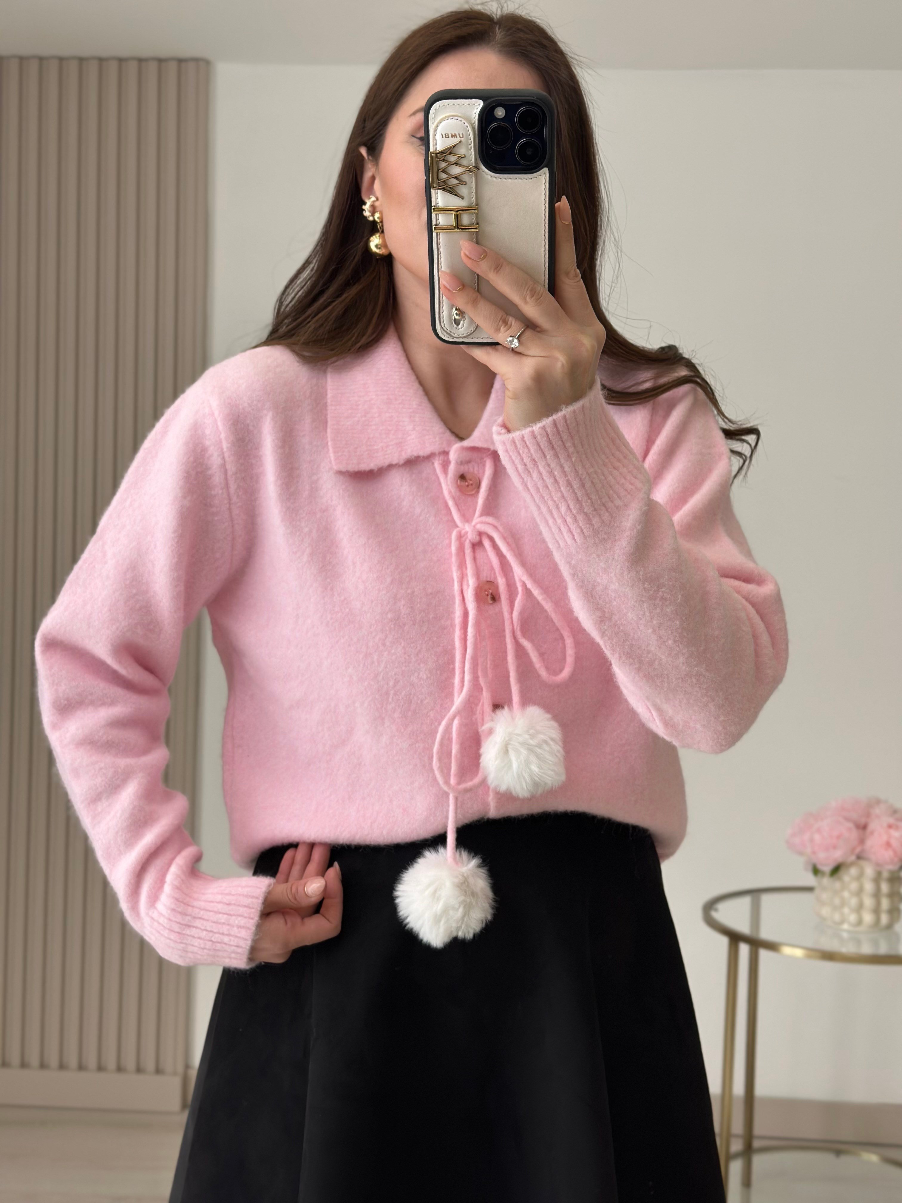 Ponpon Detaylı Yumoş Hırka Pembe