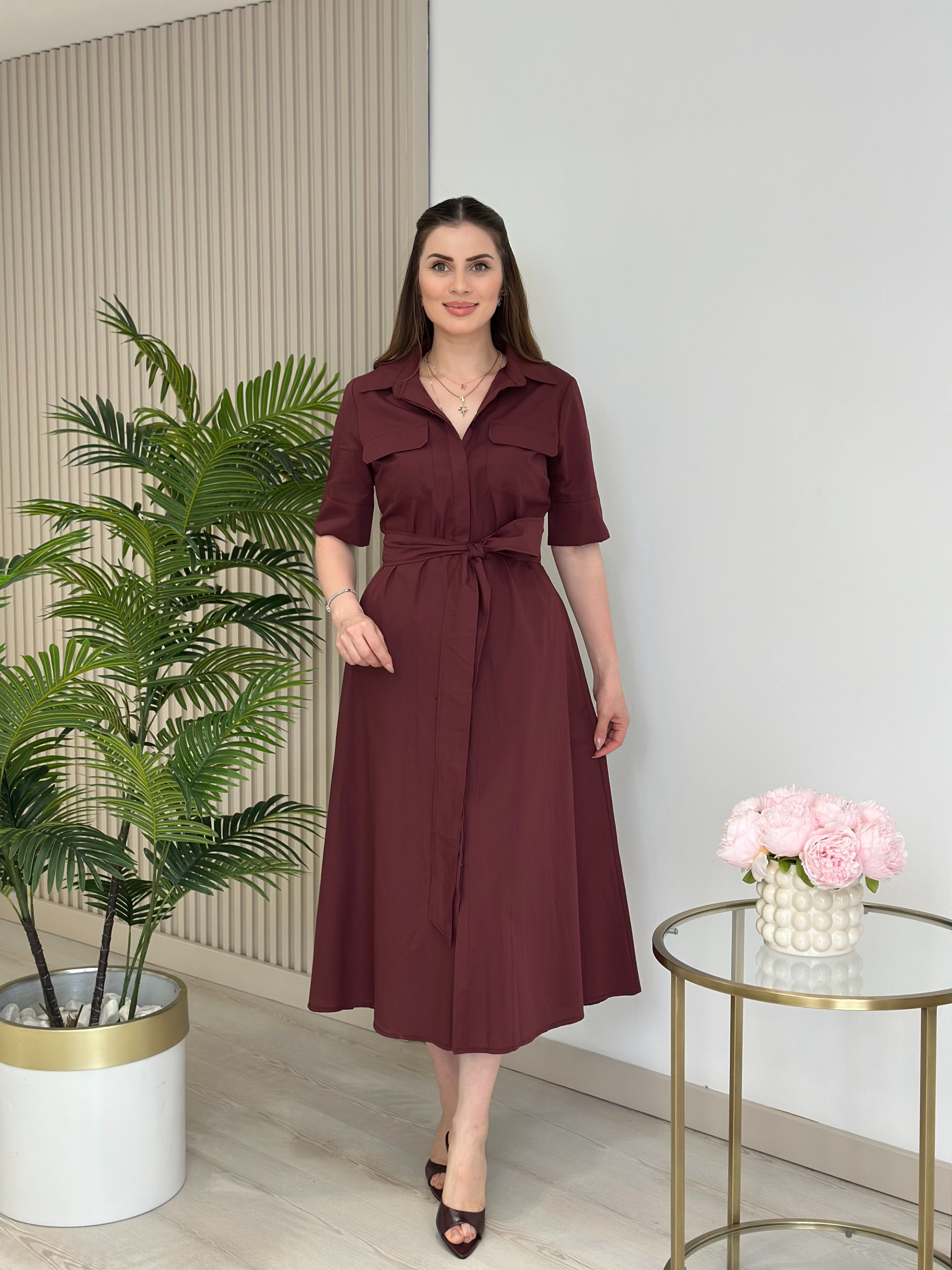 Poplin Kumaş Kuşaklı Gömlek Elbise Bordo