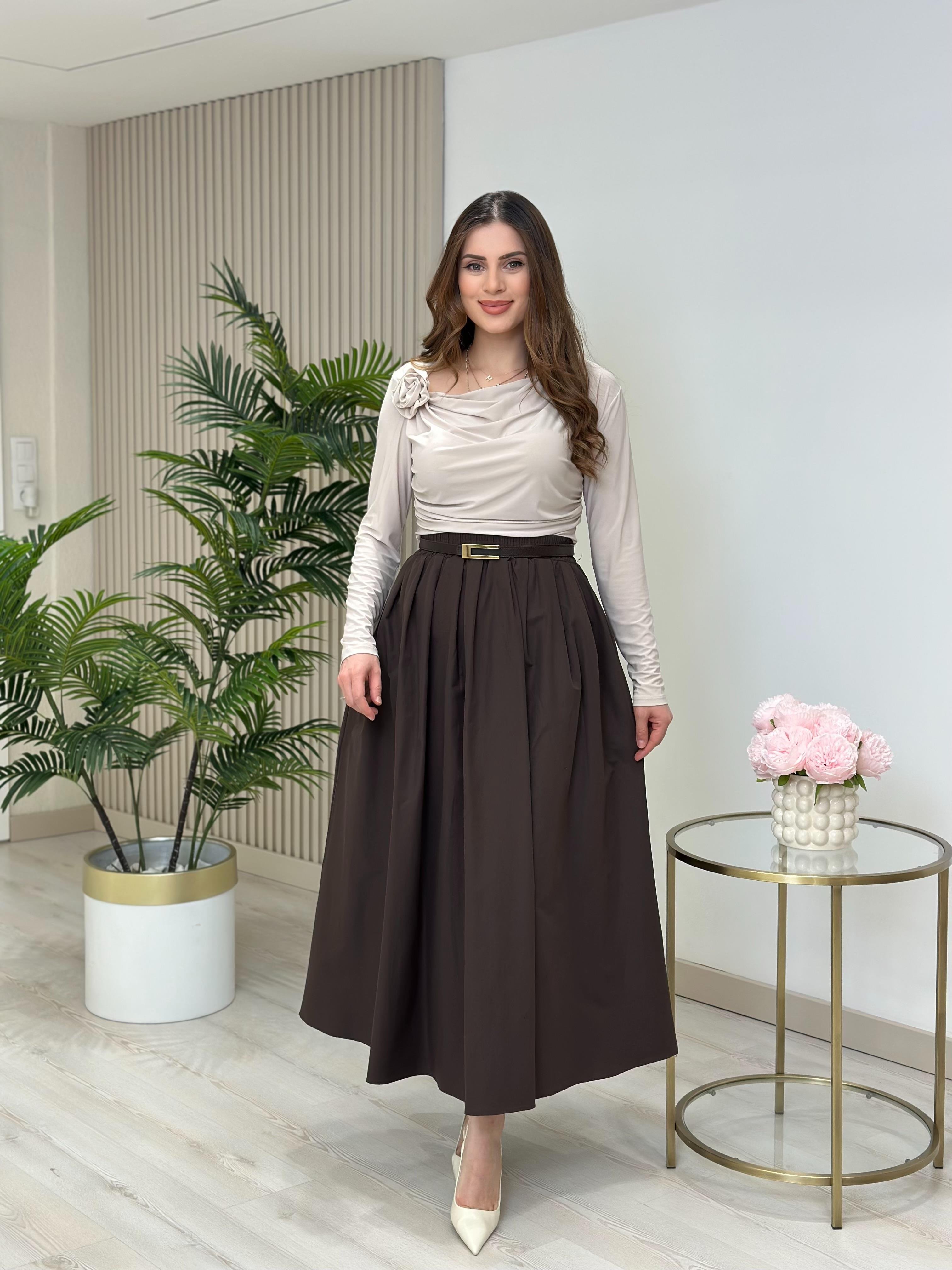 Poplin Kumaş Uzun Cepli Etek Acı Kahve