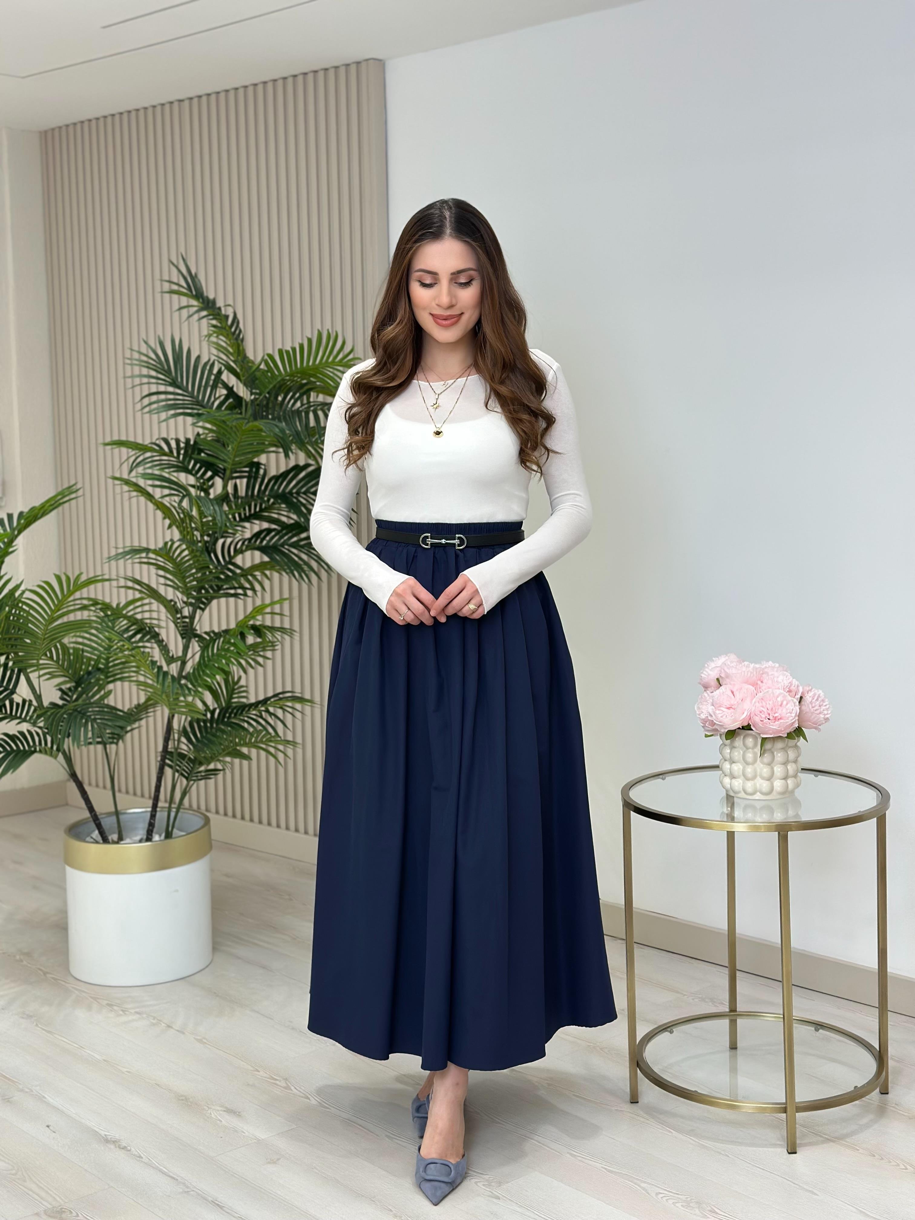 Poplin Kumaş Uzun Cepli Etek Lacivert