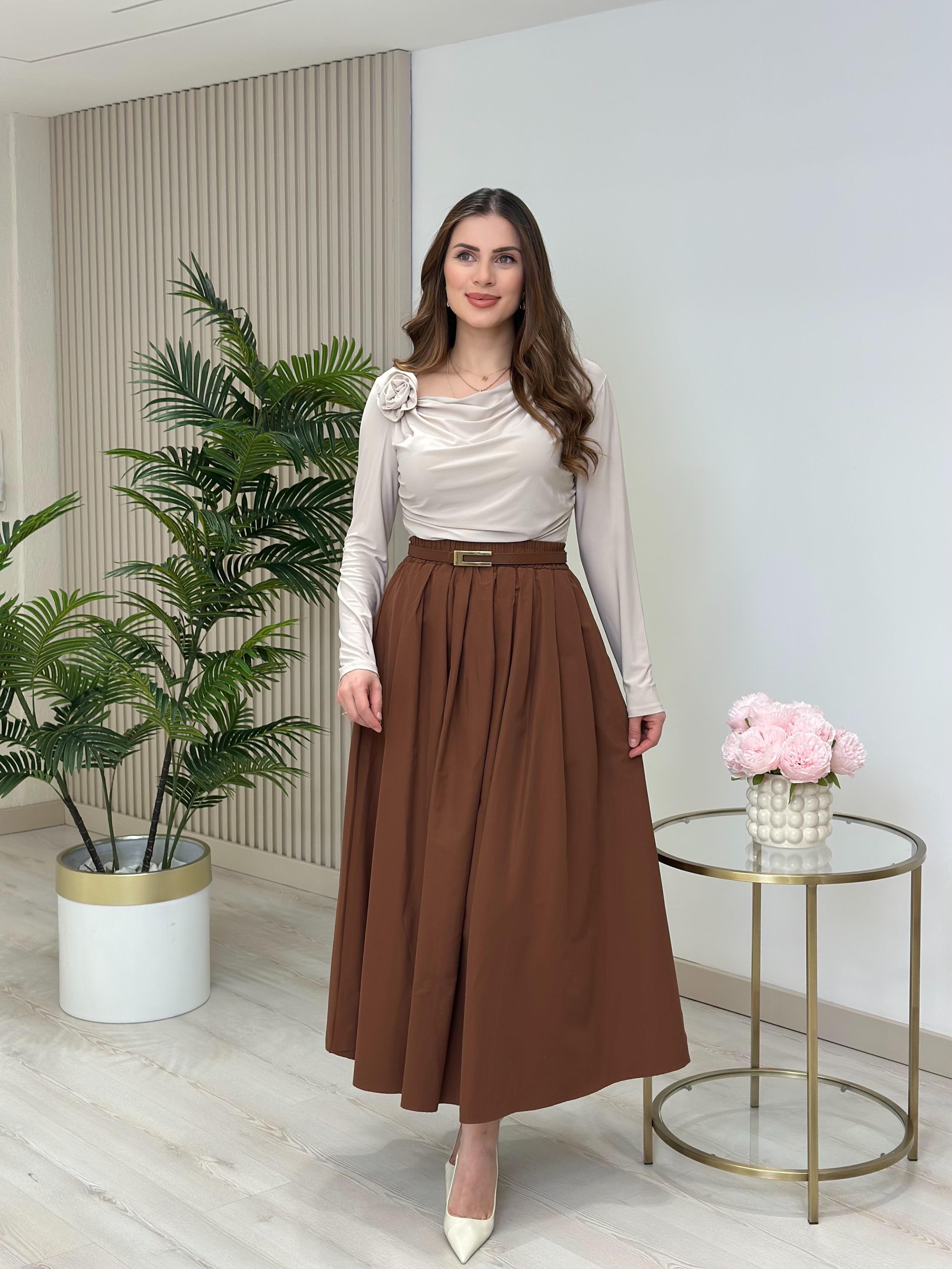 Poplin Kumaş Uzun Cepli Etek Tarçın