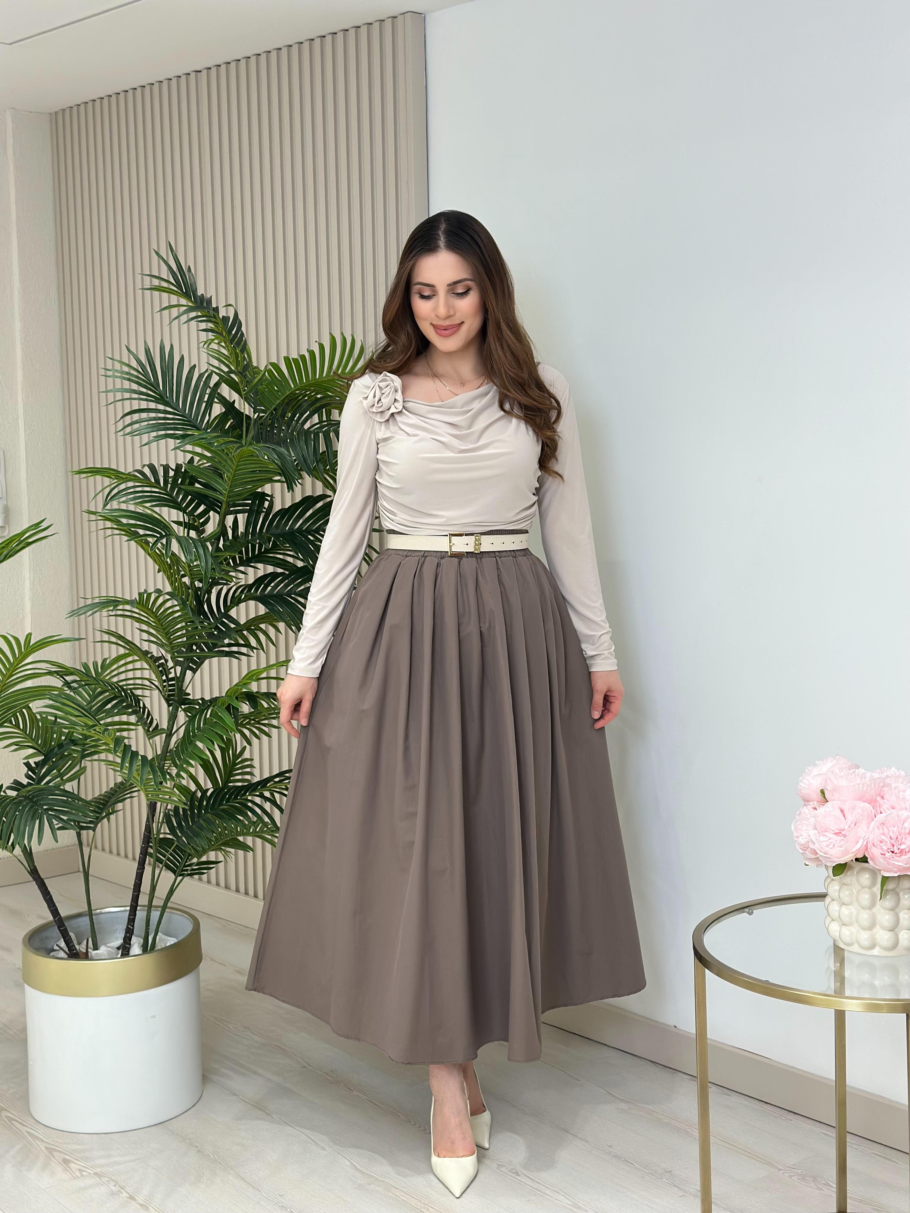 Poplin Kumaş Uzun Cepli Etek Vizon