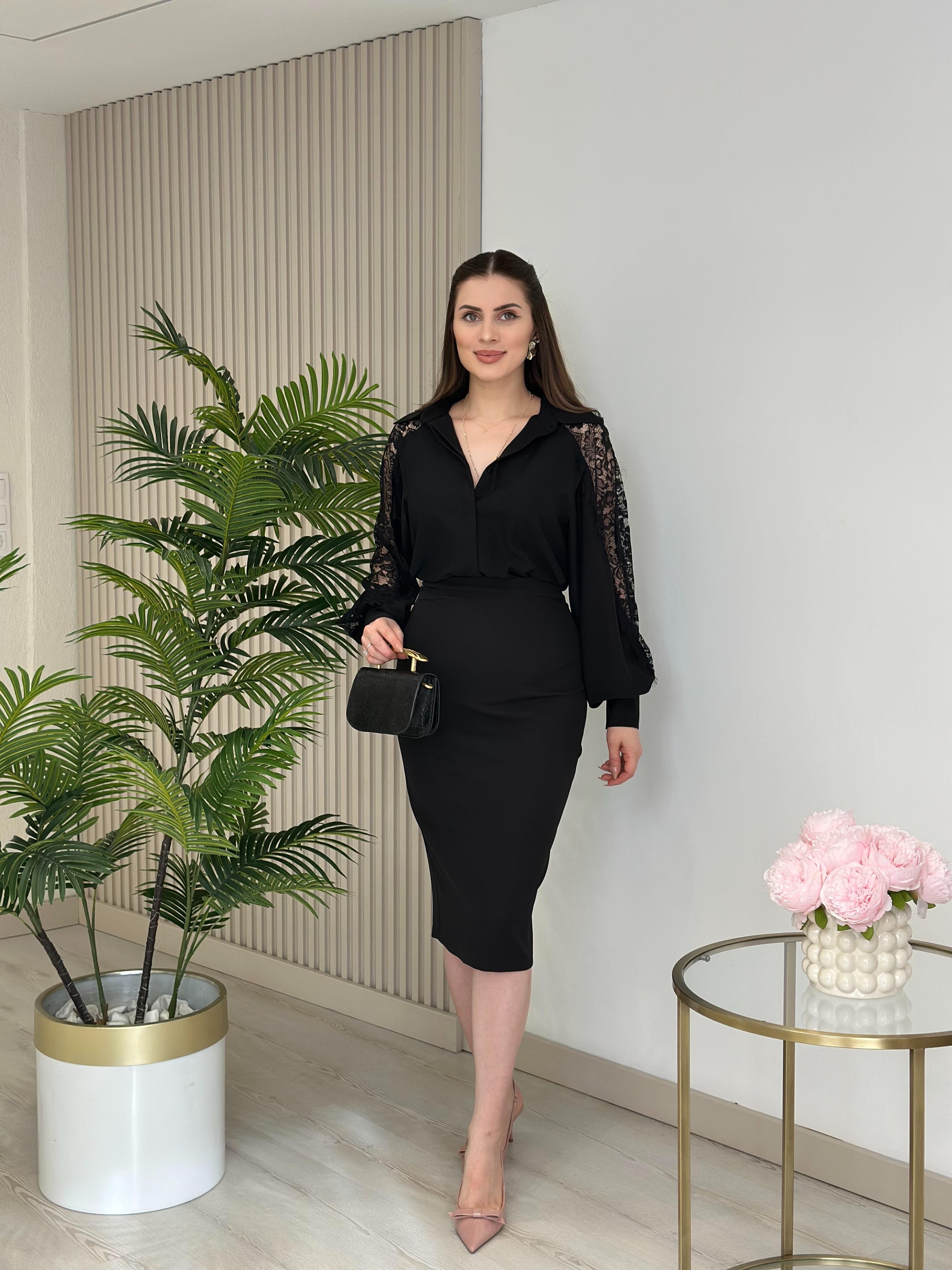 Premium Seri Kolları Güpürlü Gömlek Siyah