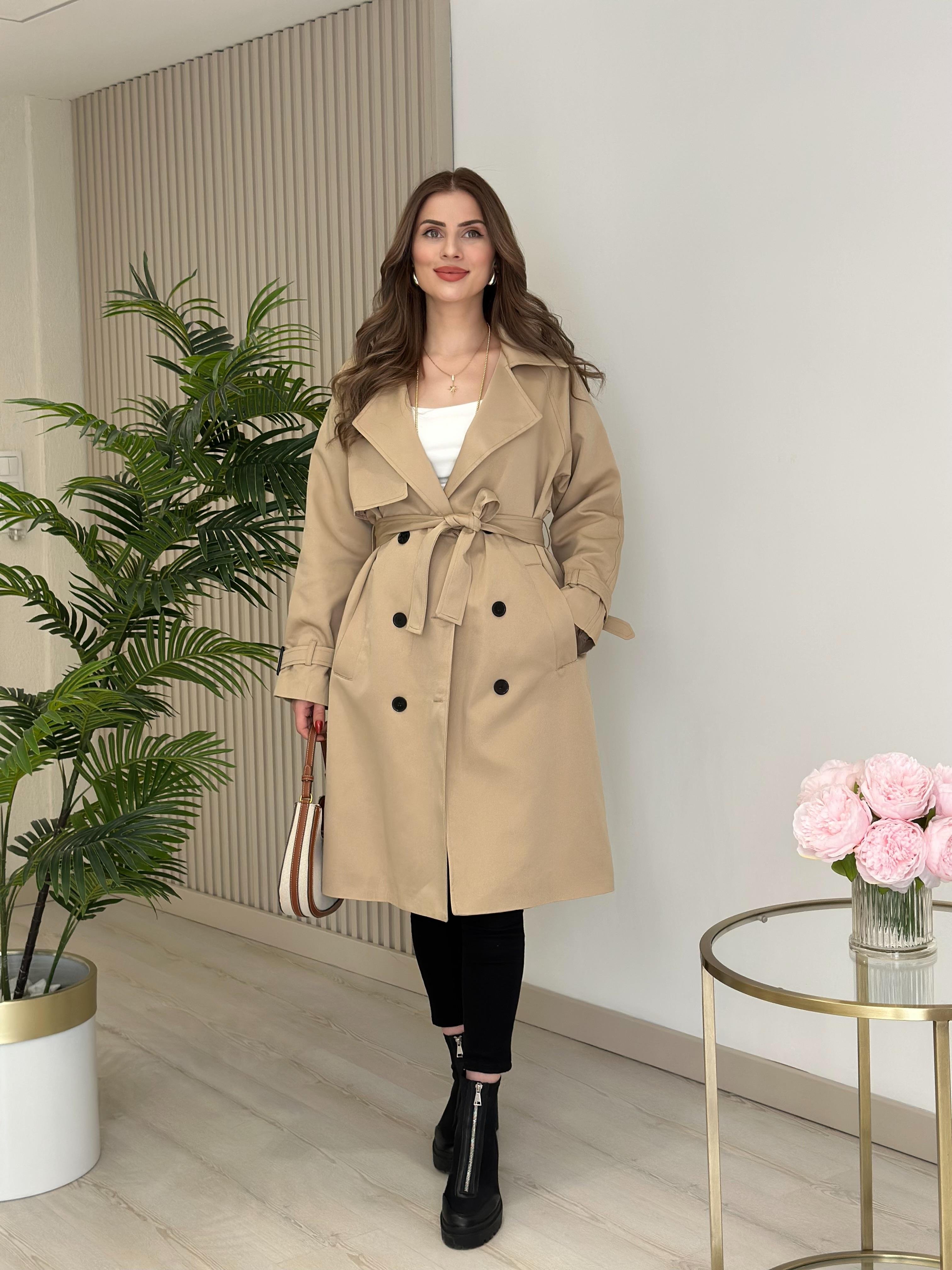 Premium Seri Kuşaklı Trençkot Camel