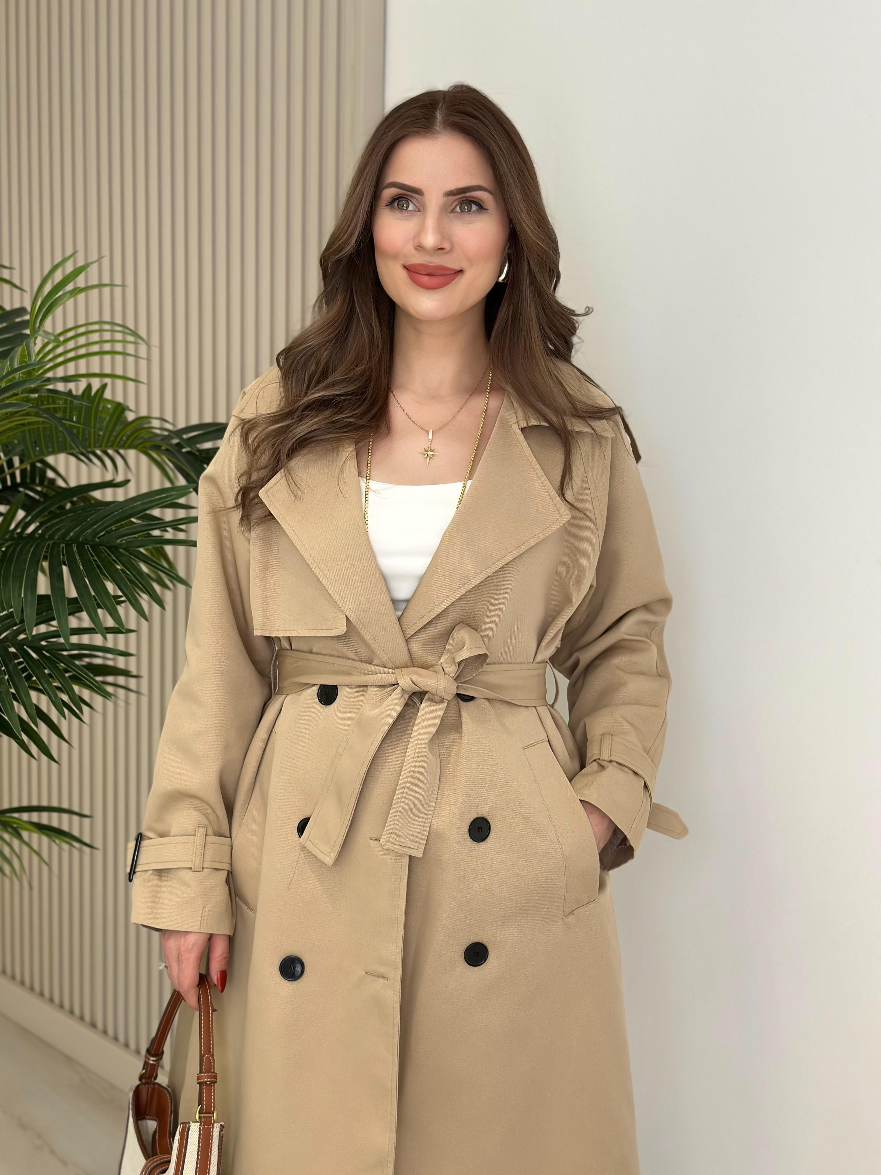 Premium Seri Kuşaklı Trençkot Camel