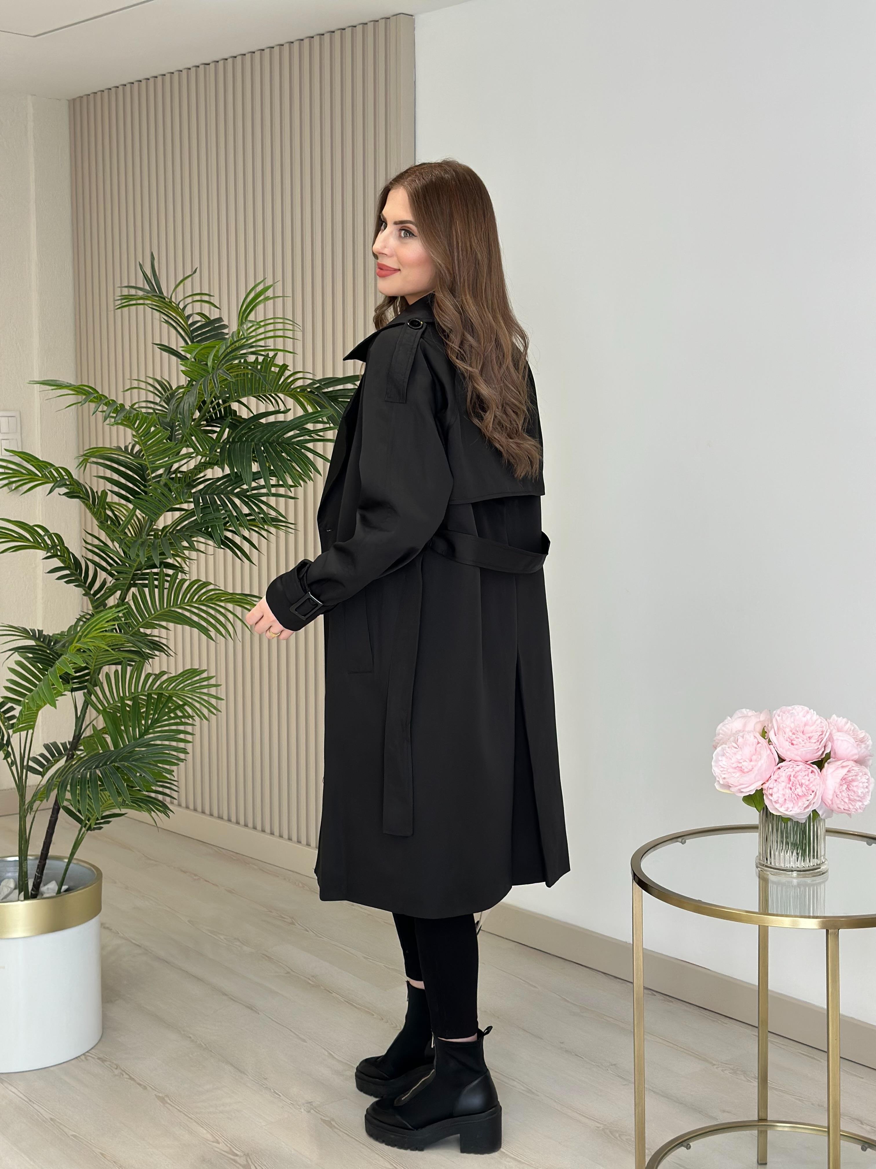 Premium Seri Kuşaklı Trençkot Siyah