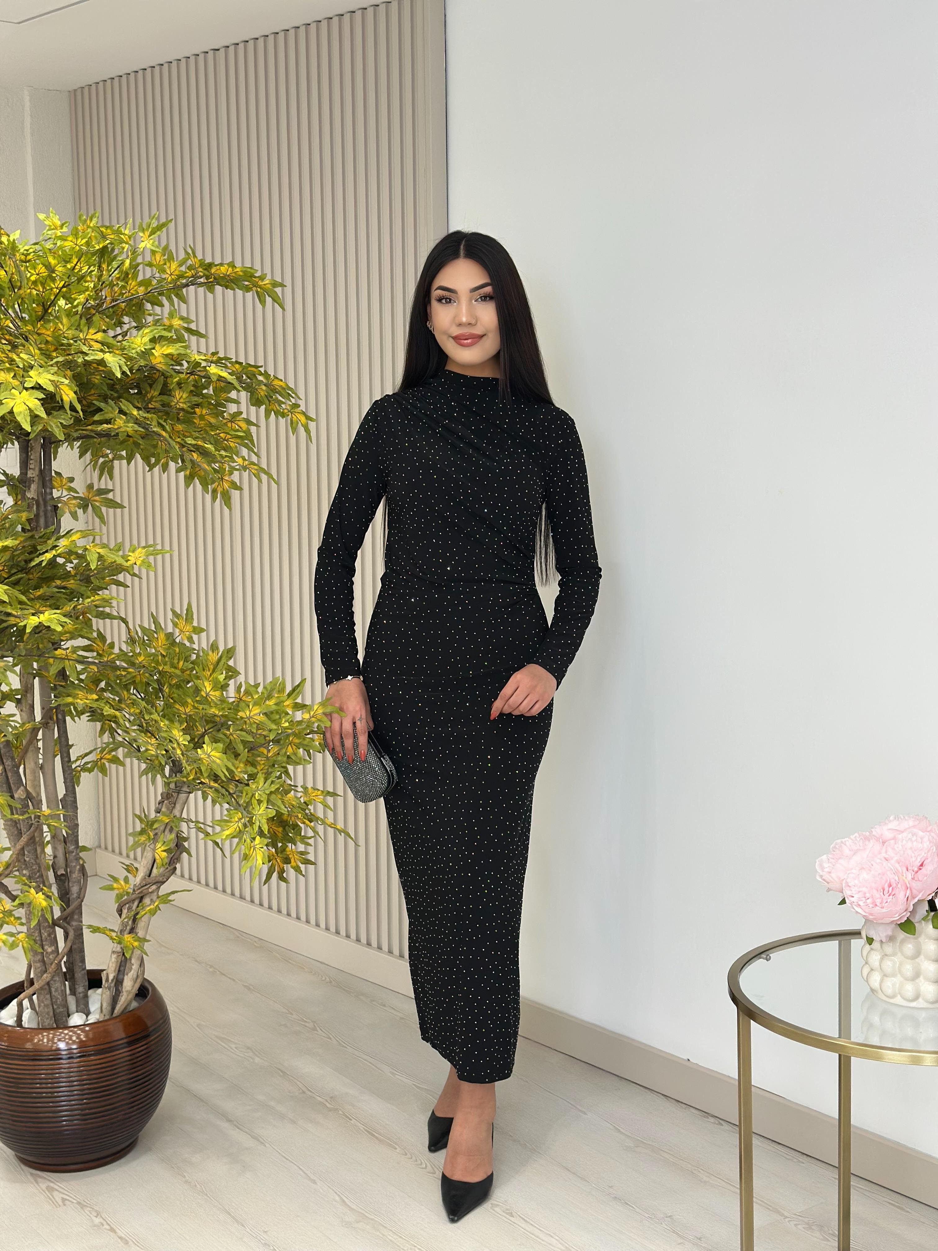 Sandy Kumaş Taşlı Drapeli Elbise Siyah