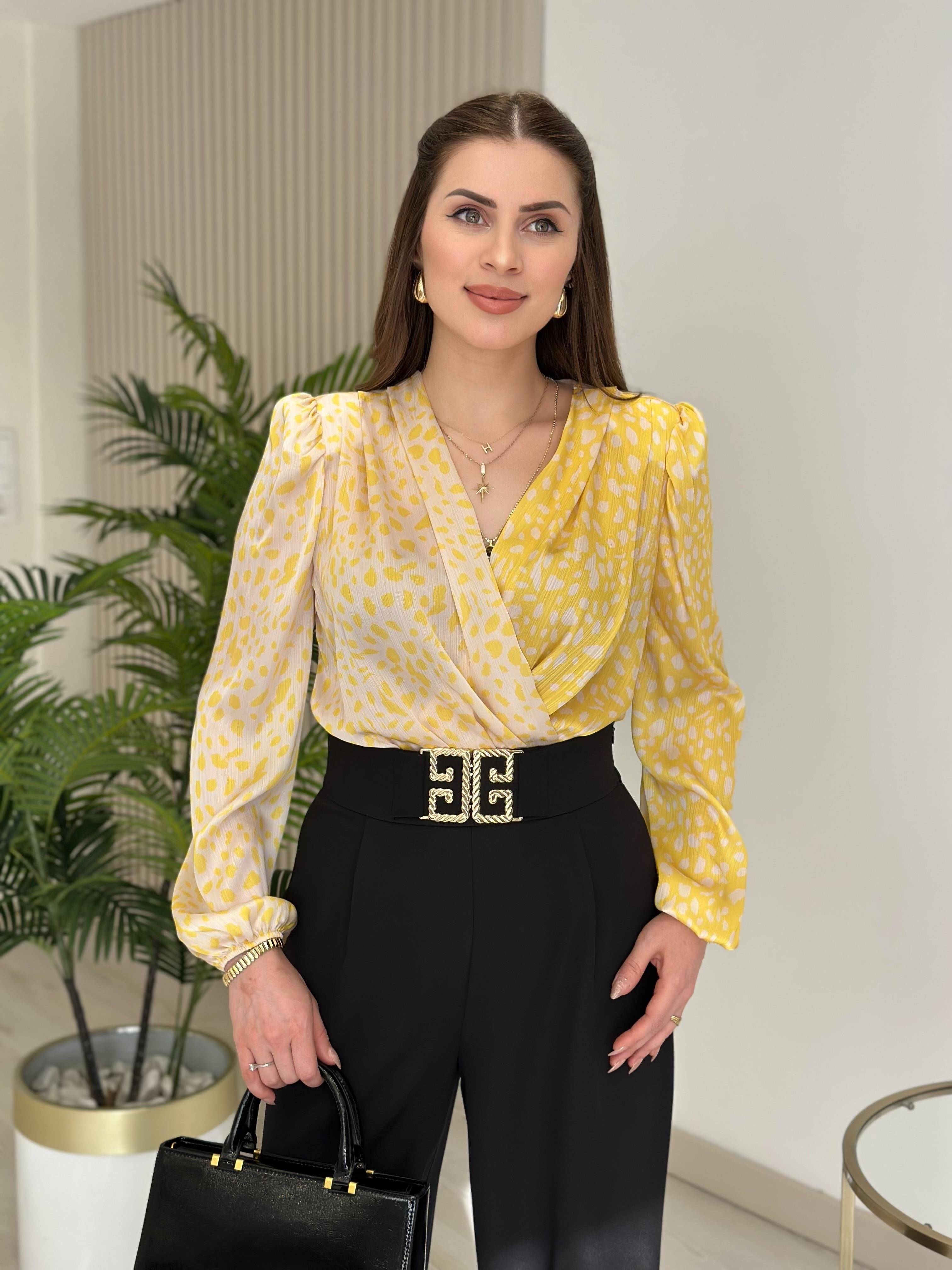 Sarı Leopar Desenli İpek Krep Bodysuit