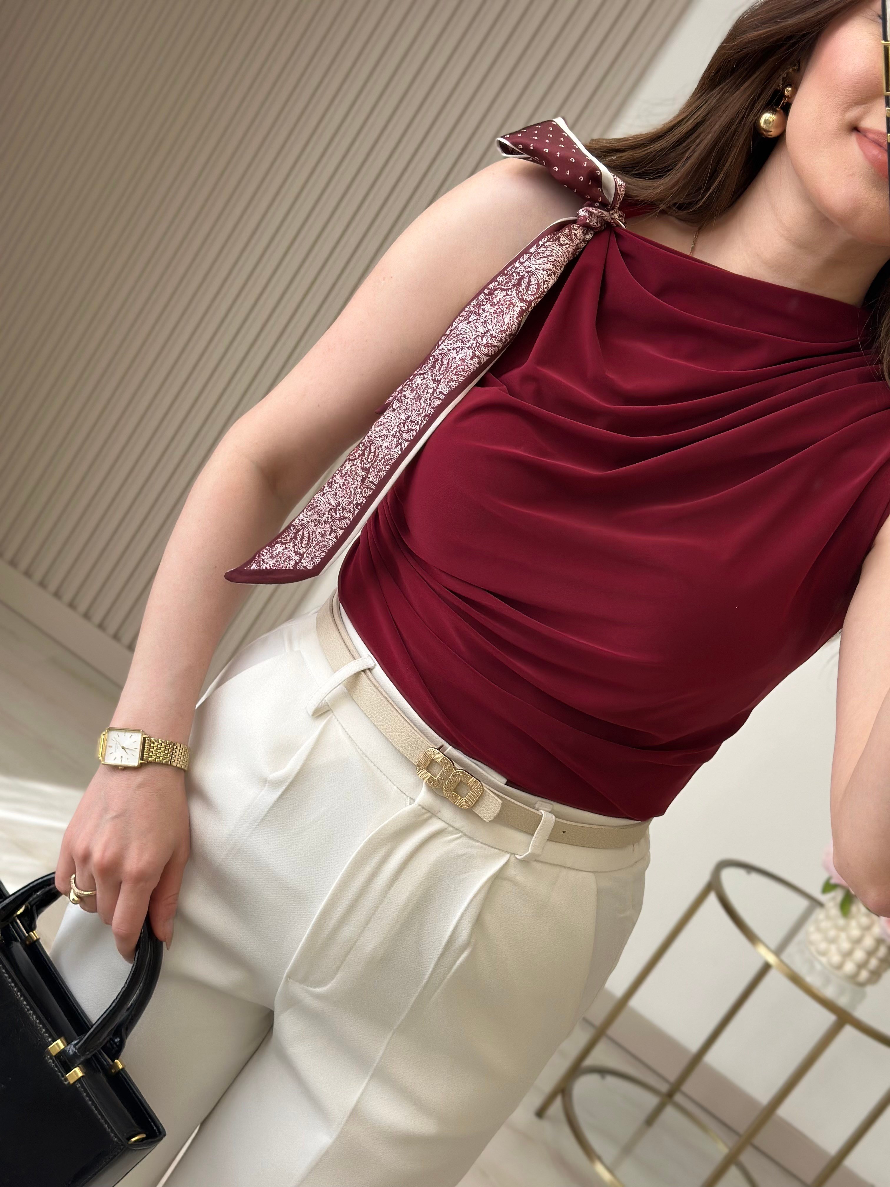 Saten Fularlı Drapeli Bluz Bordo