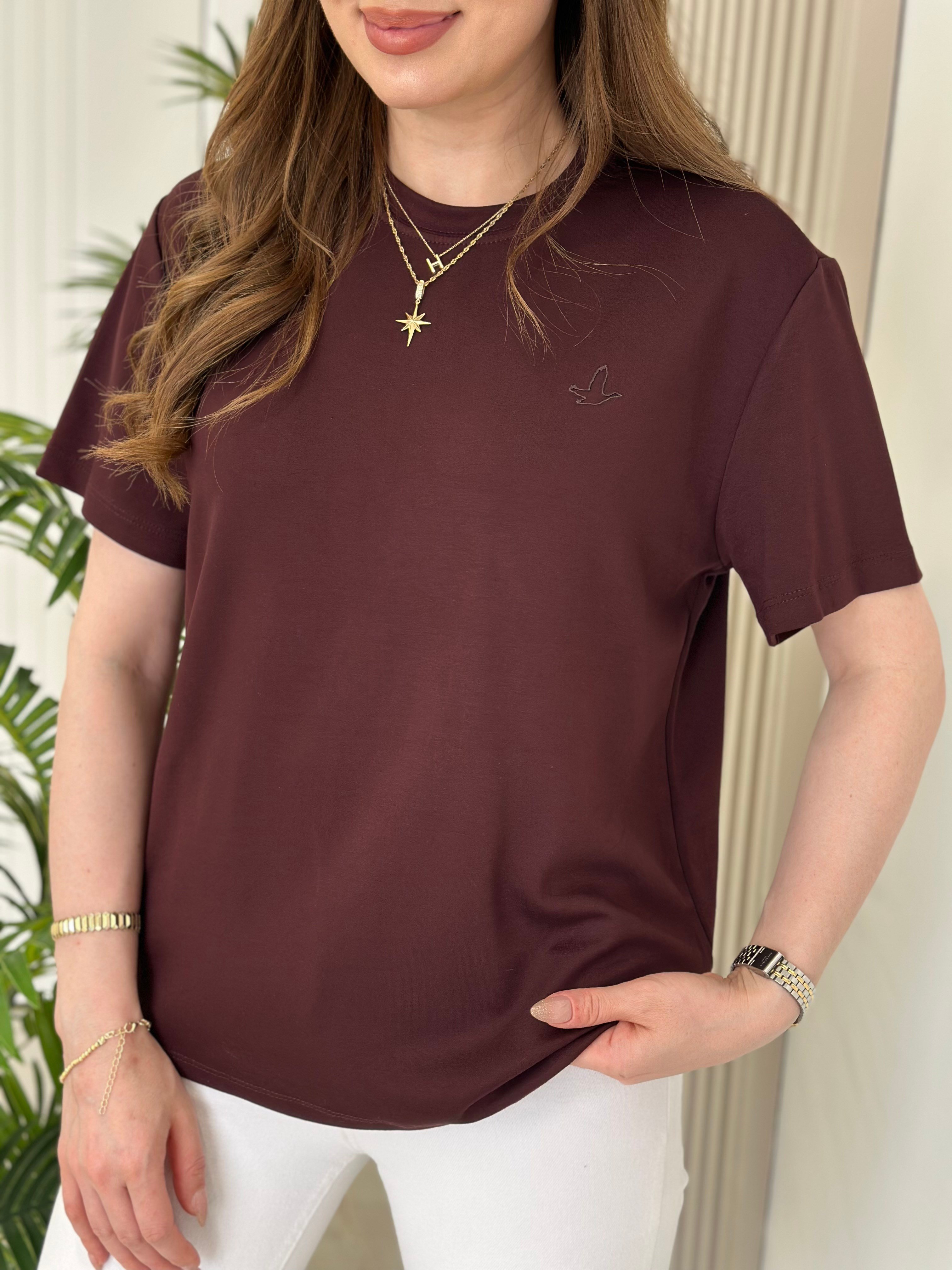 Sıfır Yaka Kuş Detaylı Tshirt Bordo