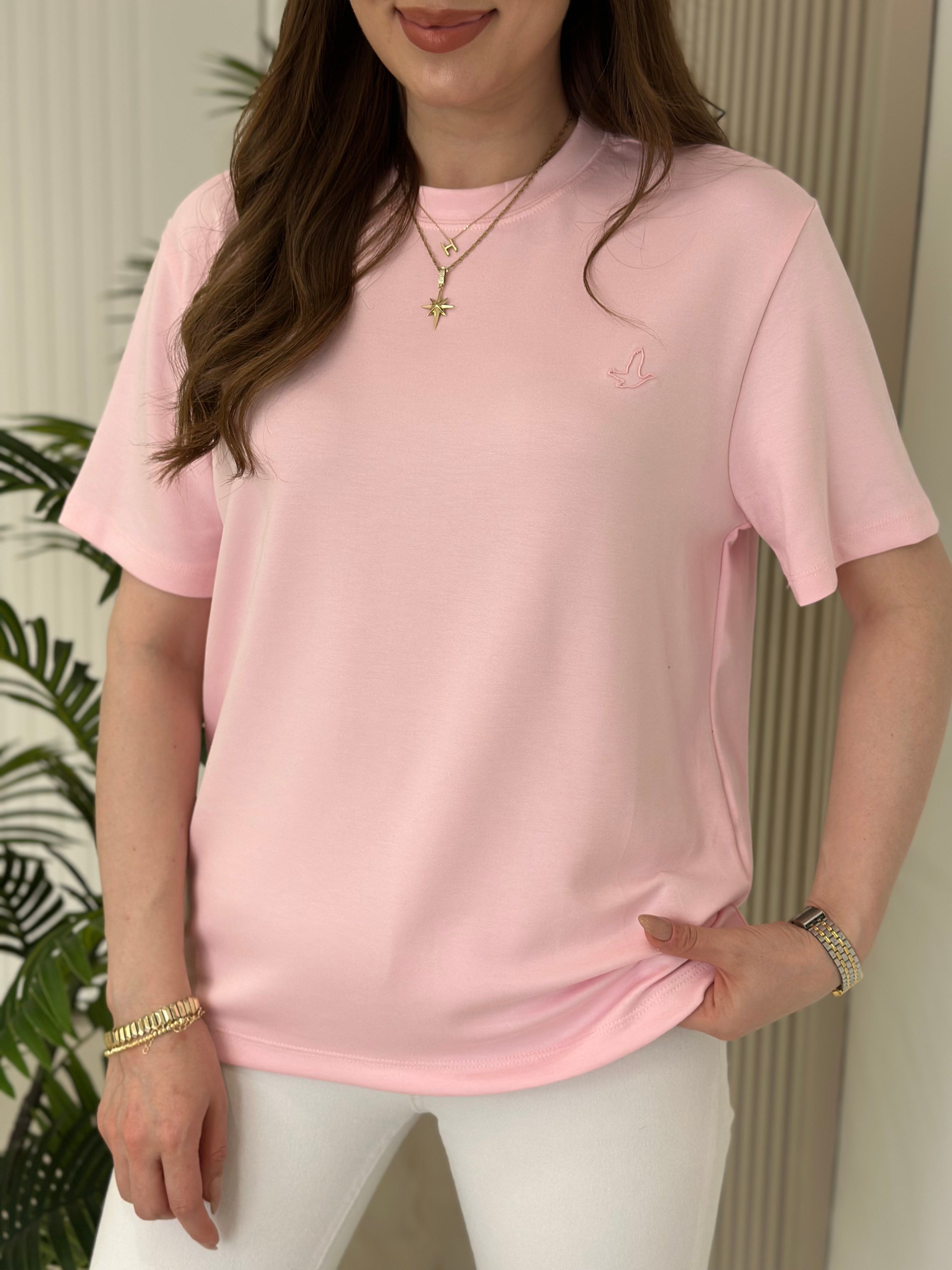 Sıfır Yaka Kuş Detaylı Tshirt Pembe