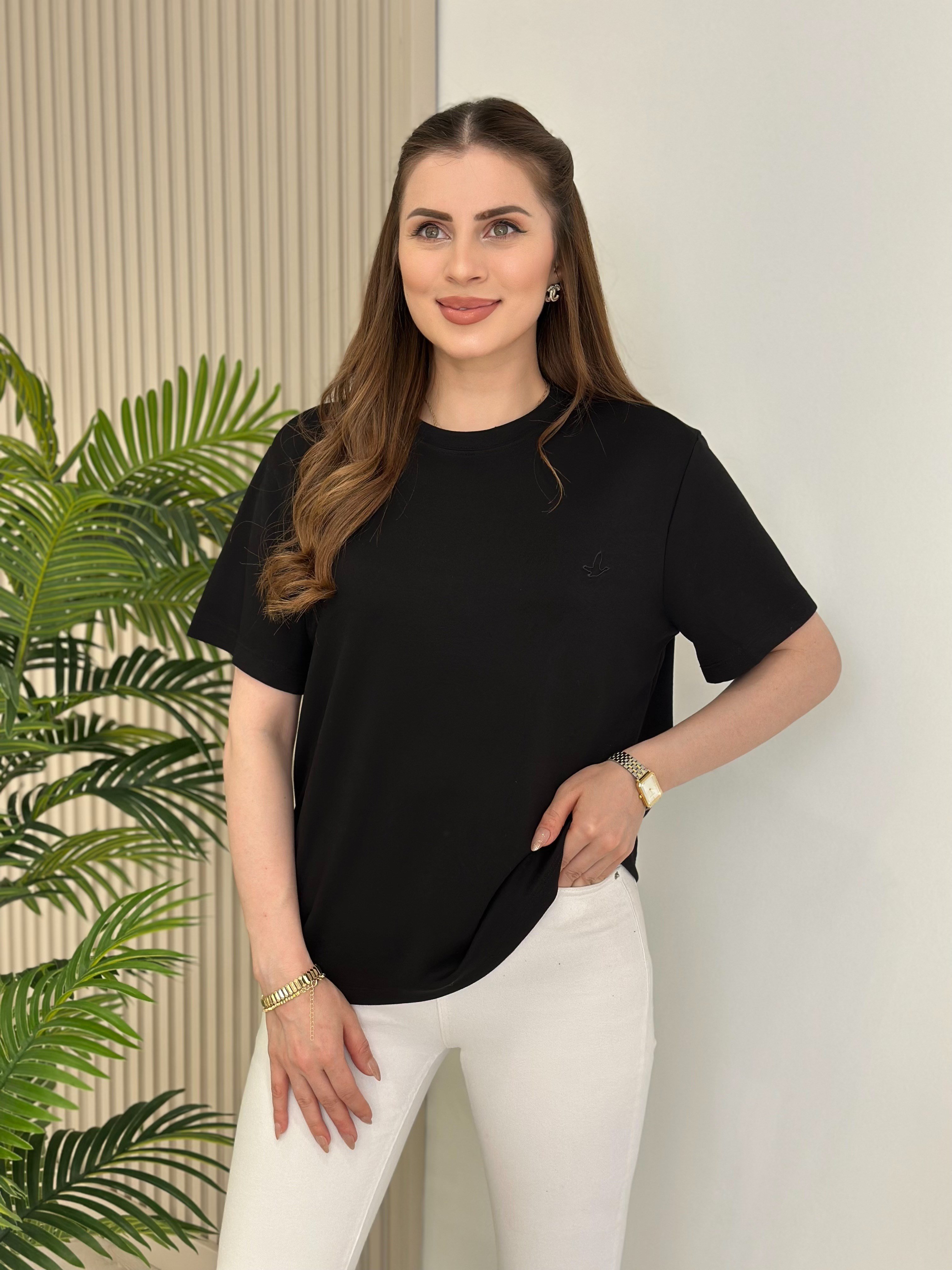 Sıfır Yaka Kuş Detaylı Tshirt Siyah