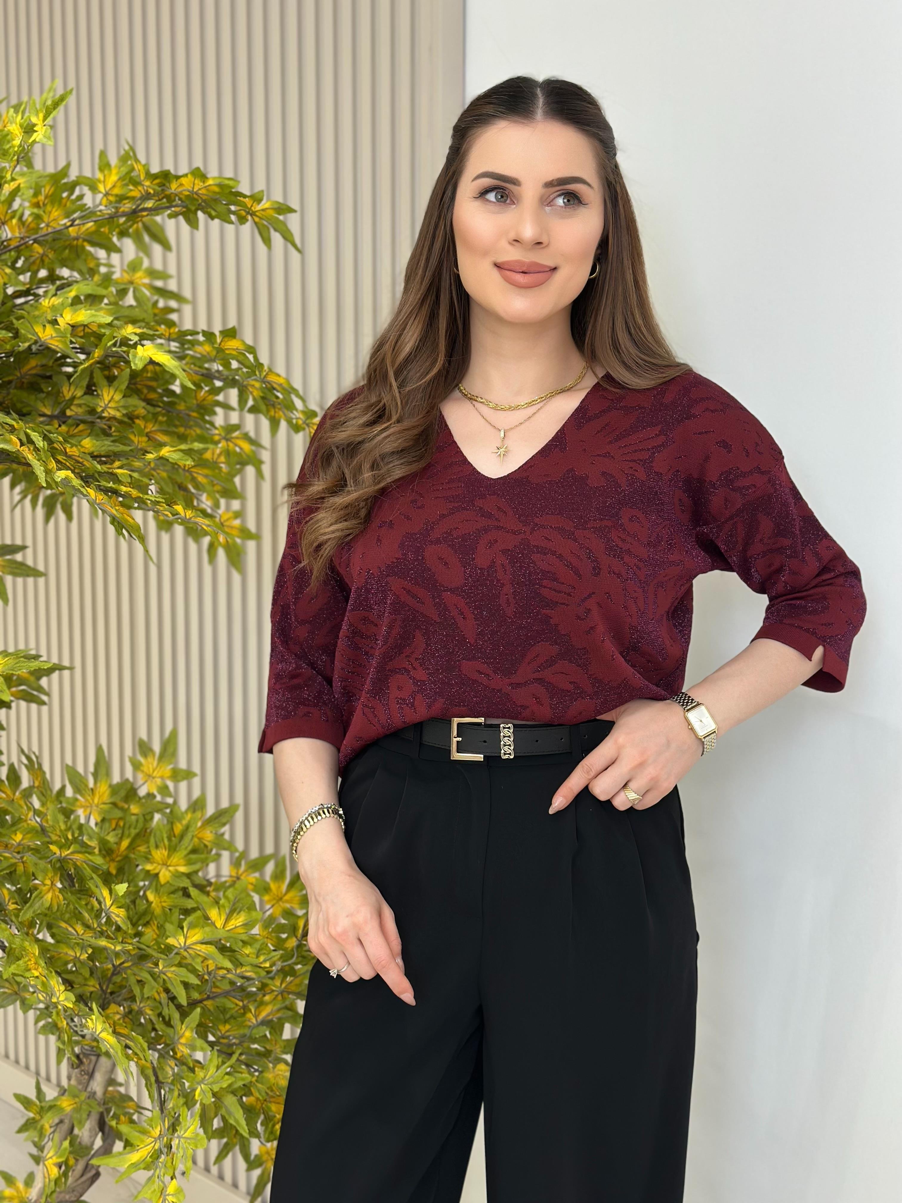 Simli Çiçek Desenli Triko Bordo