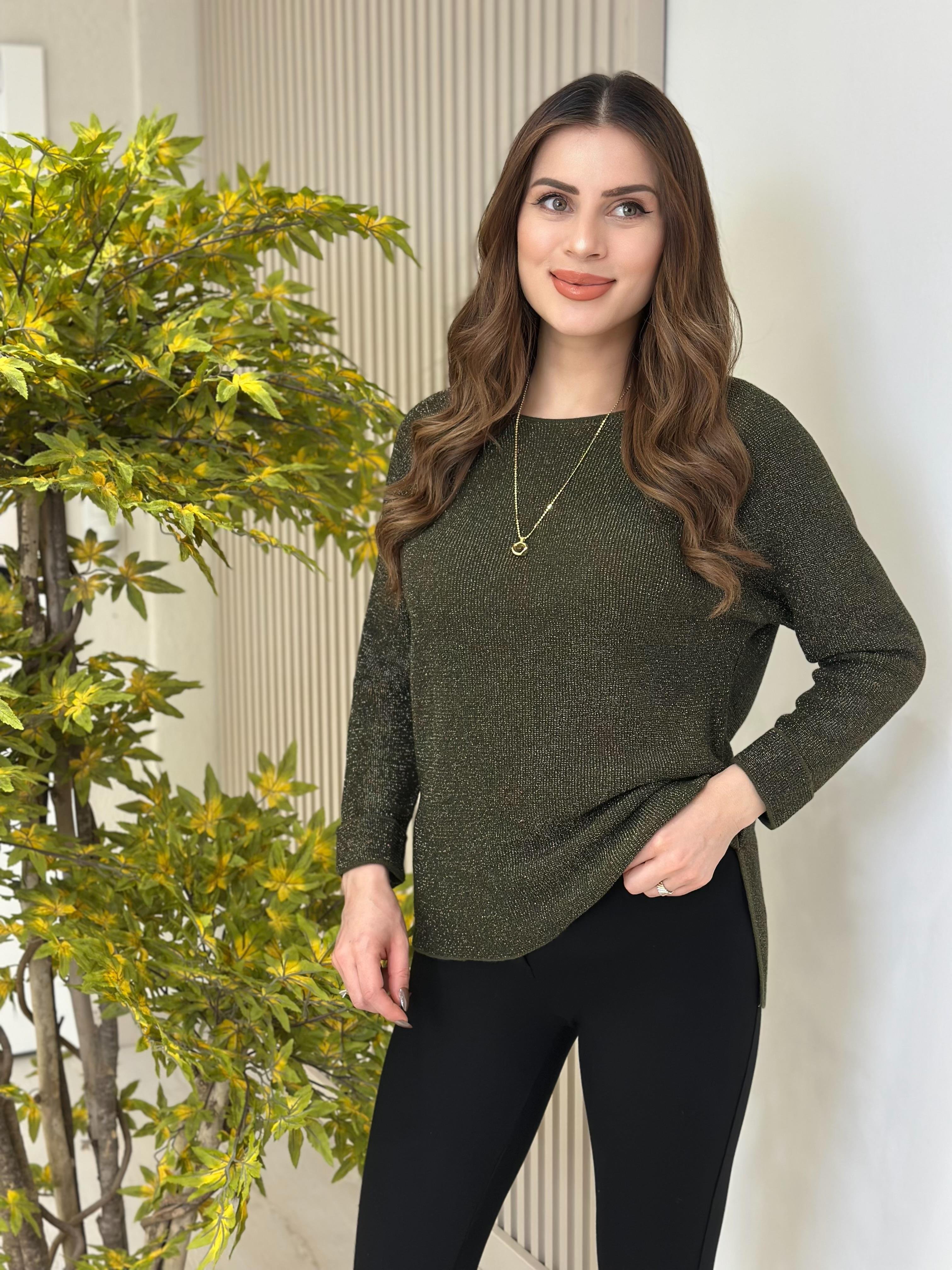 Simli Yanları Yırtmaçlı Triko Haki