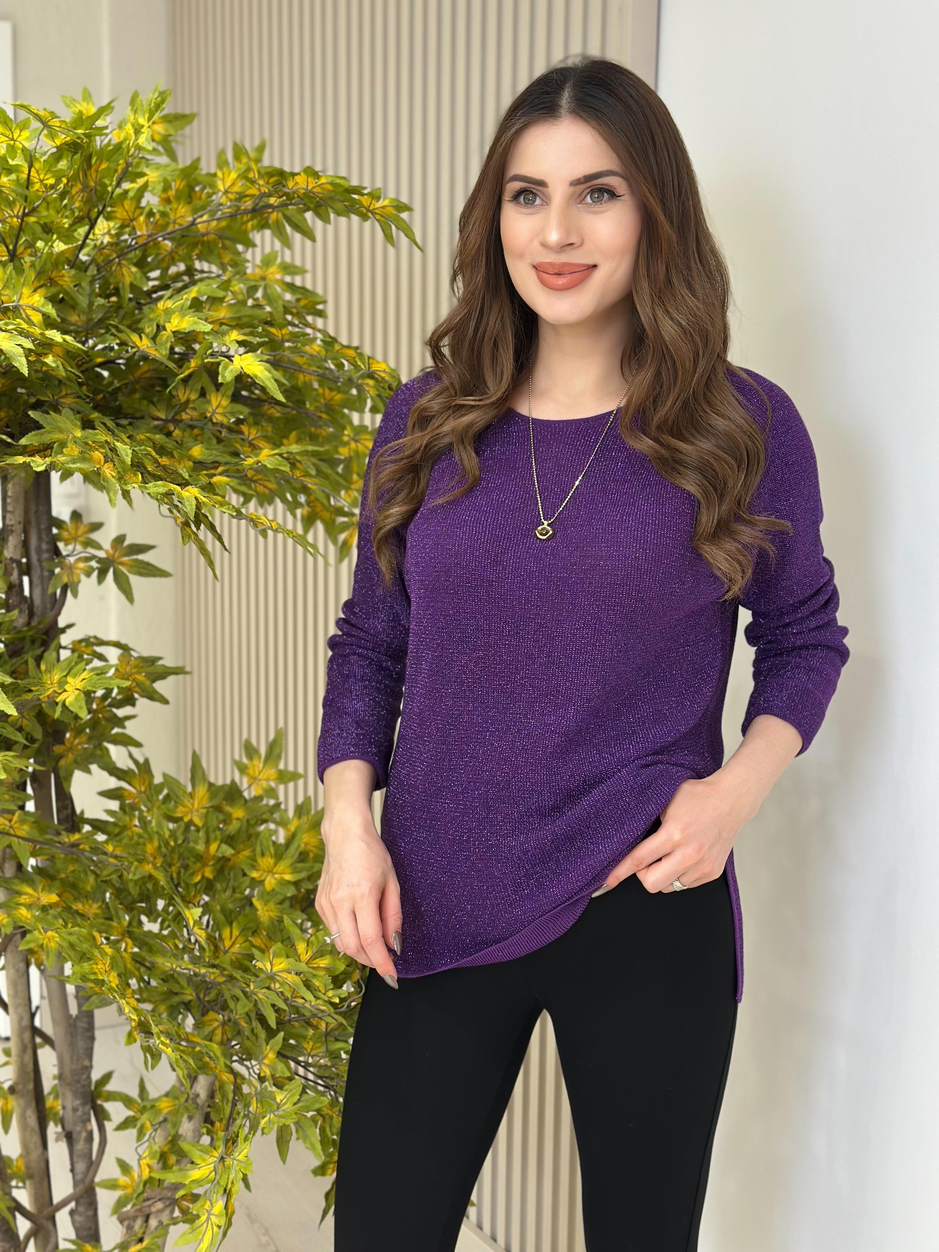 Simli Yanları Yırtmaçlı Triko Mor