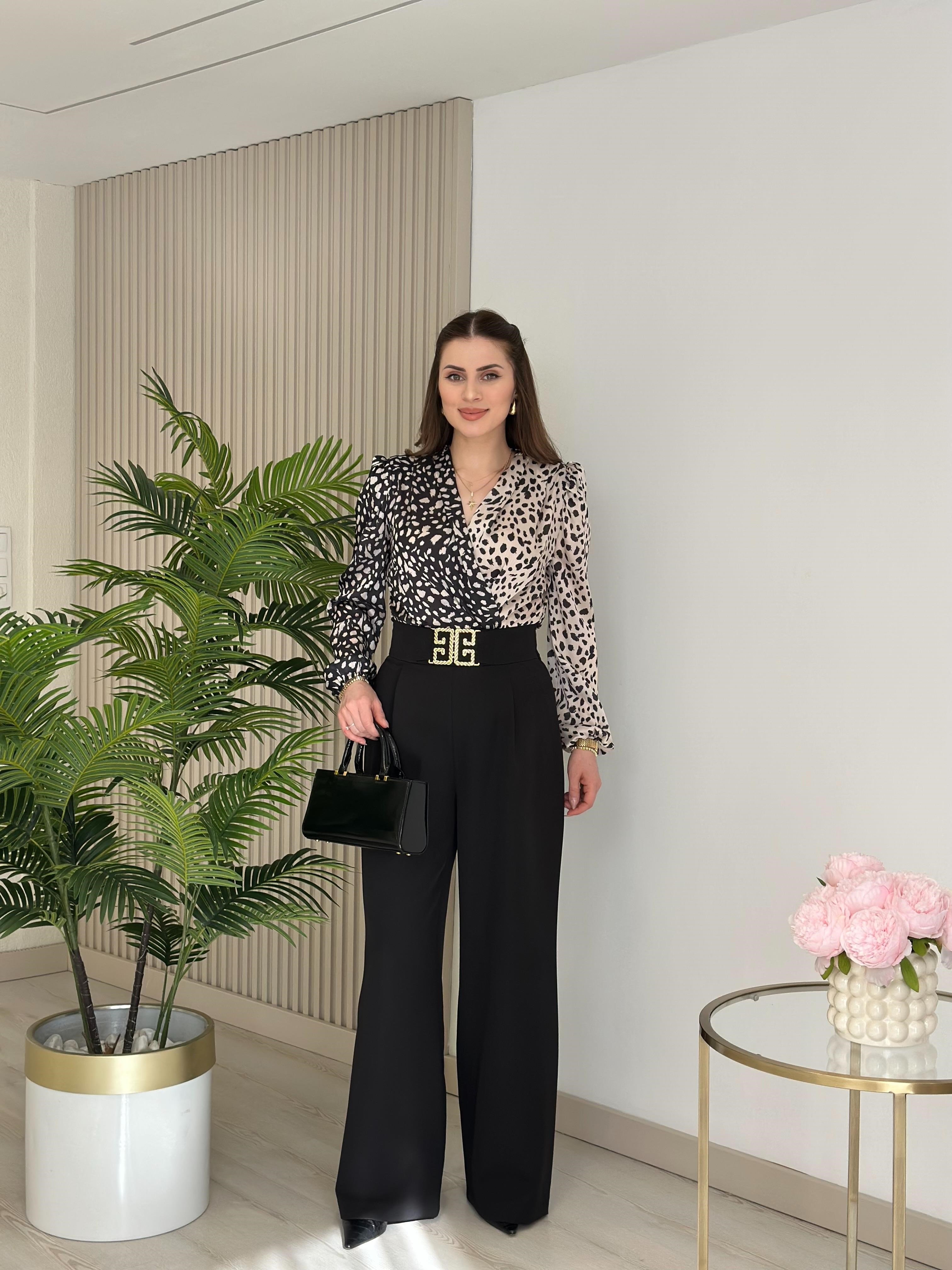 Siyah Beyaz Leopar Desenli İpek Krep Bodysuit