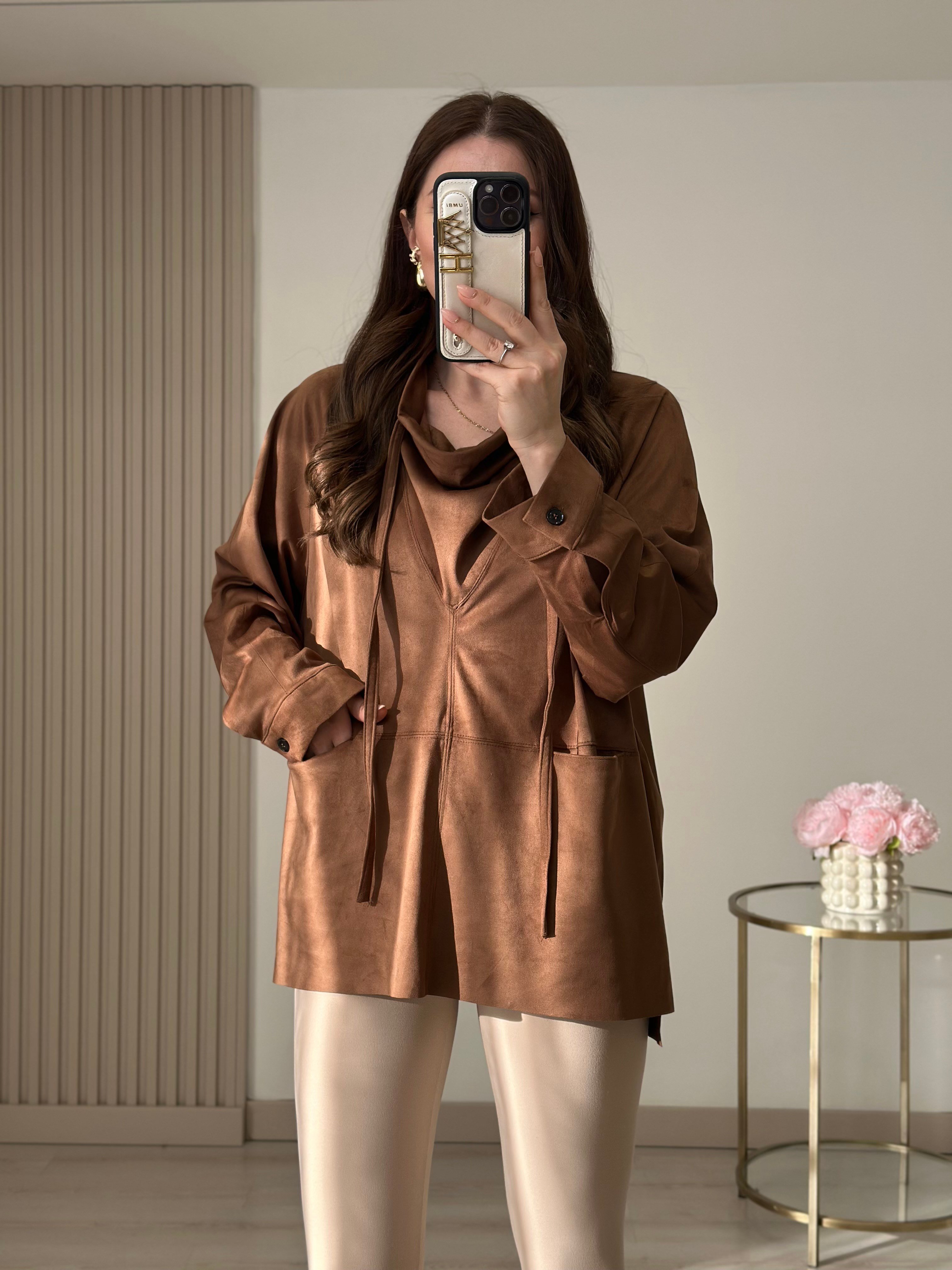Süet Degaje Yaka Marka Muadili Sweatshirt Taba