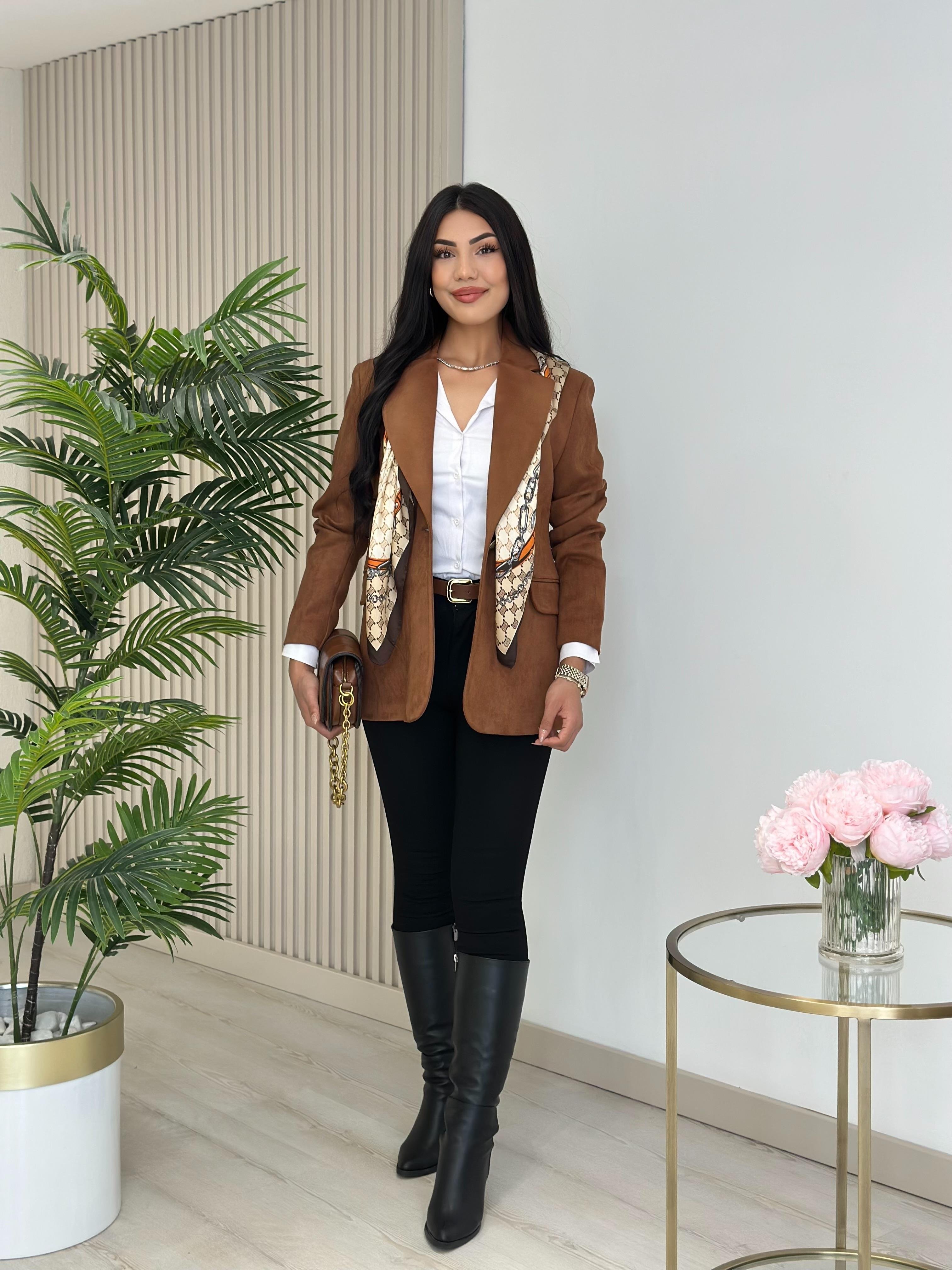 Süet Oversıze Astarlı Tek Düğme Ceket Taba
