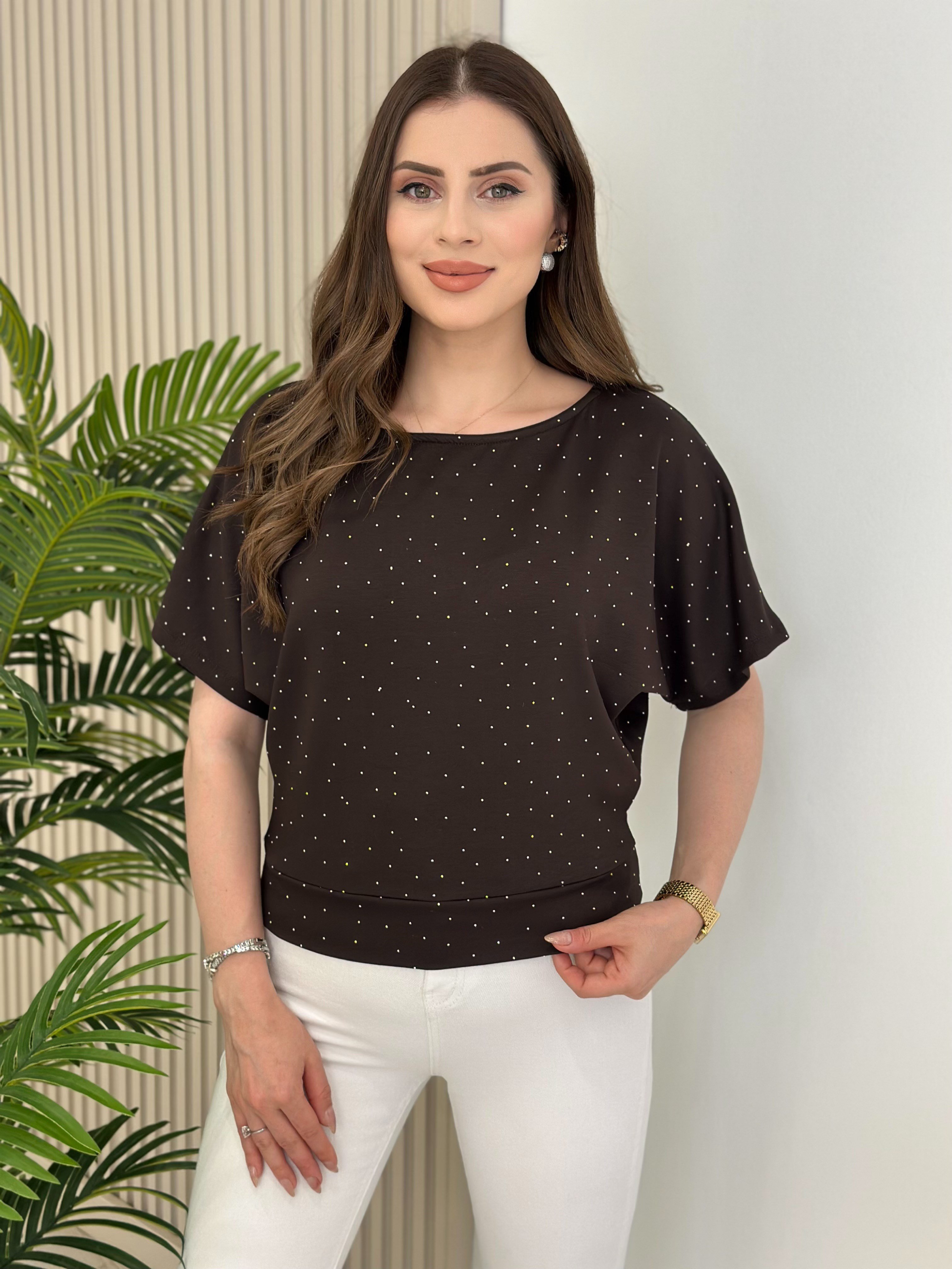 Taşlı Kayık Yaka Modal Kumaş Bluz Kahve
