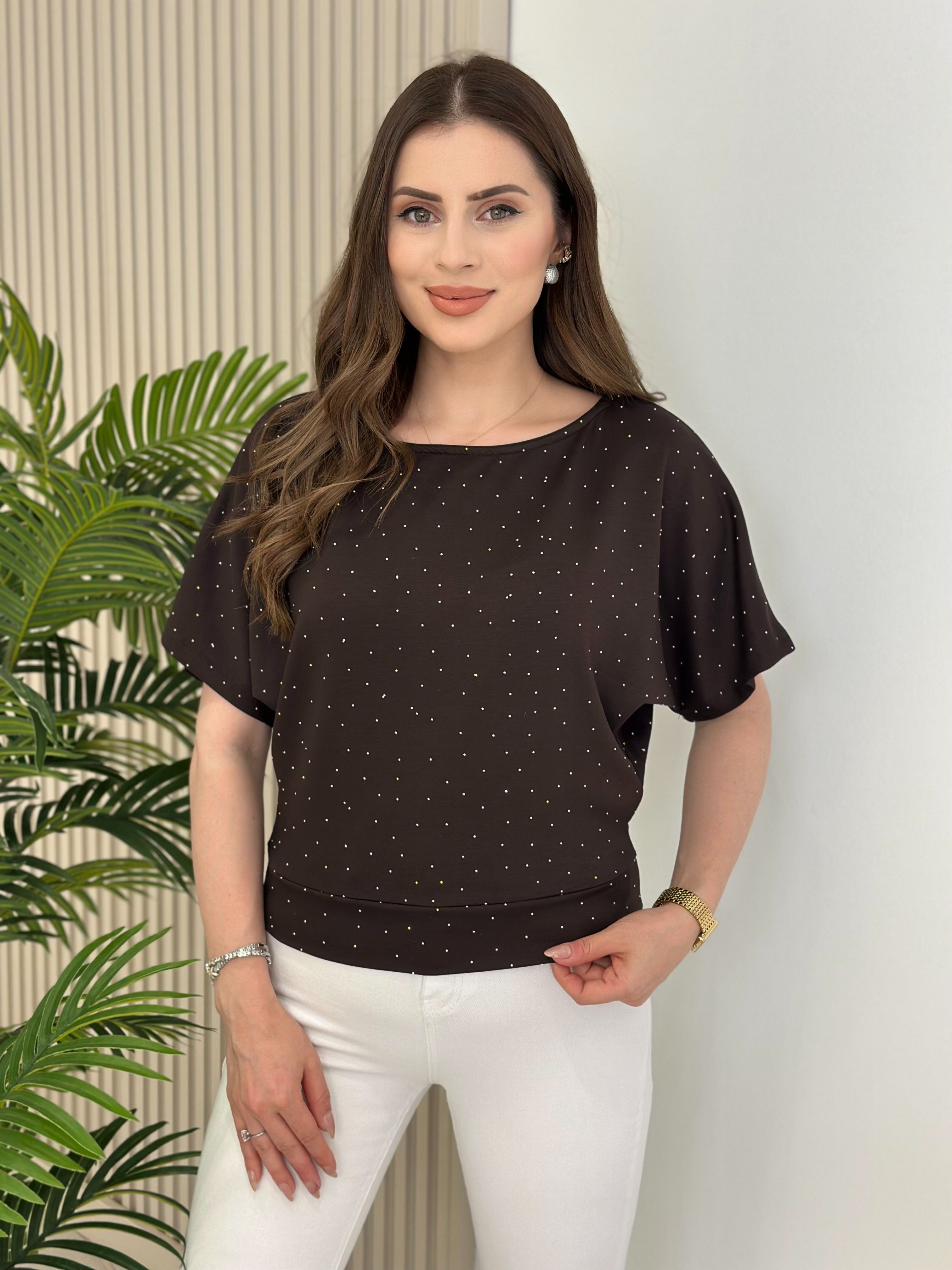 Taşlı Kayık Yaka Modal Kumaş Bluz Kahve