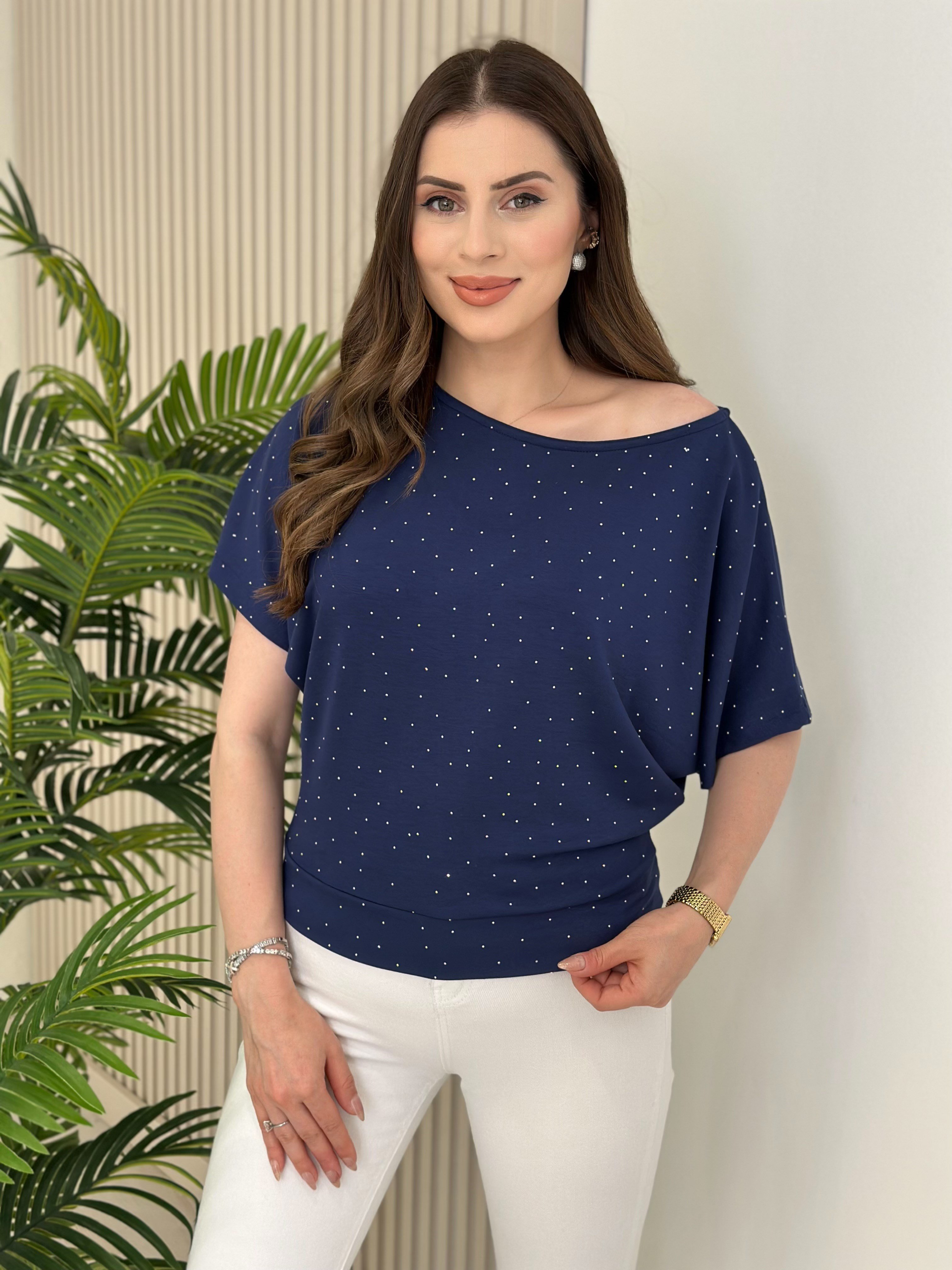 Taşlı Kayık Yaka Modal Kumaş Bluz Lacivert